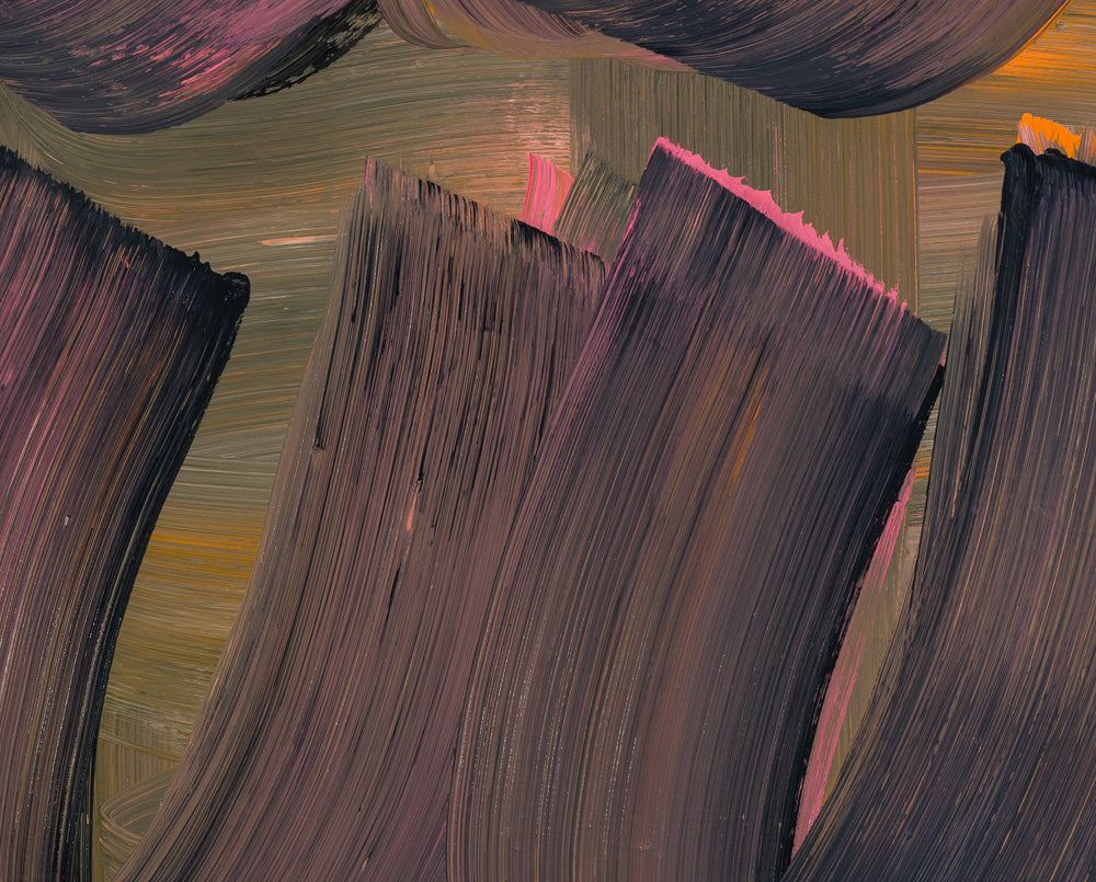 A painting of a group of black and pink brush strokes on a brown background.