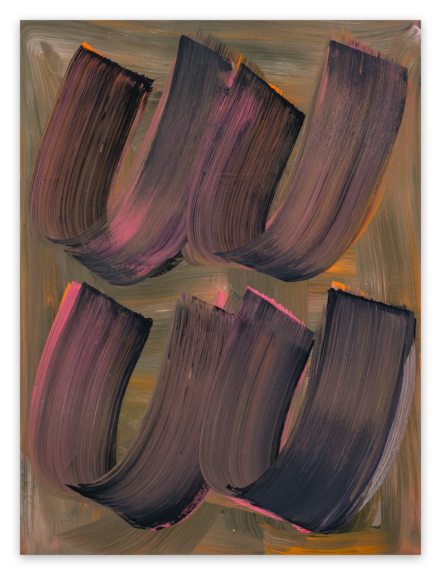 A painting of a group of black and pink brush strokes on a brown background.