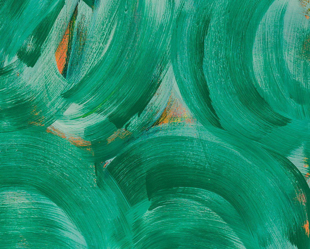 A painting of green and orange circles on a white background.
