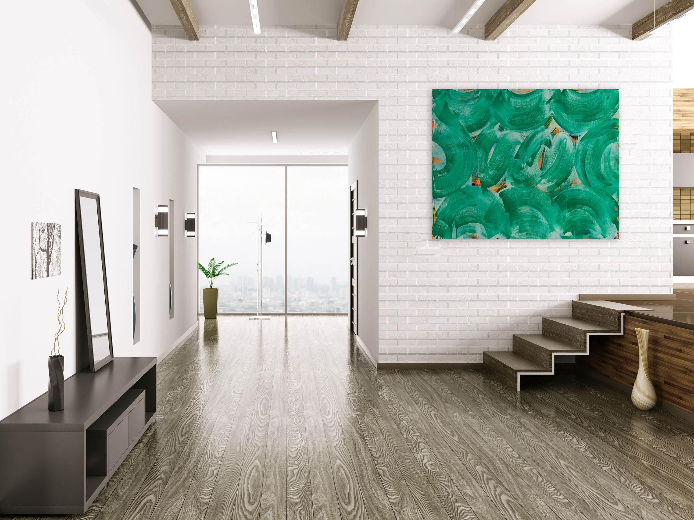 A painting of green and orange circles on a white background.