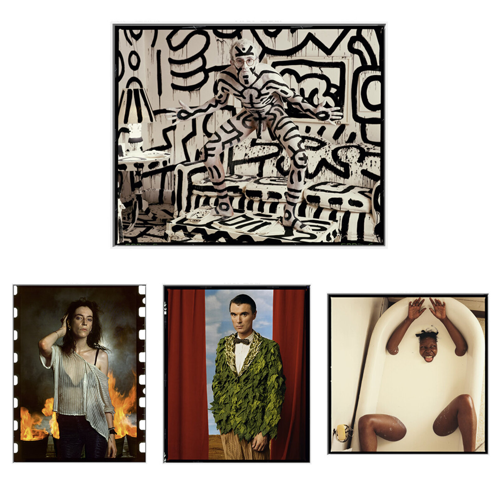 A collage of four distinct portraits featuring bold, eclectic fashion and surrealistic settings.