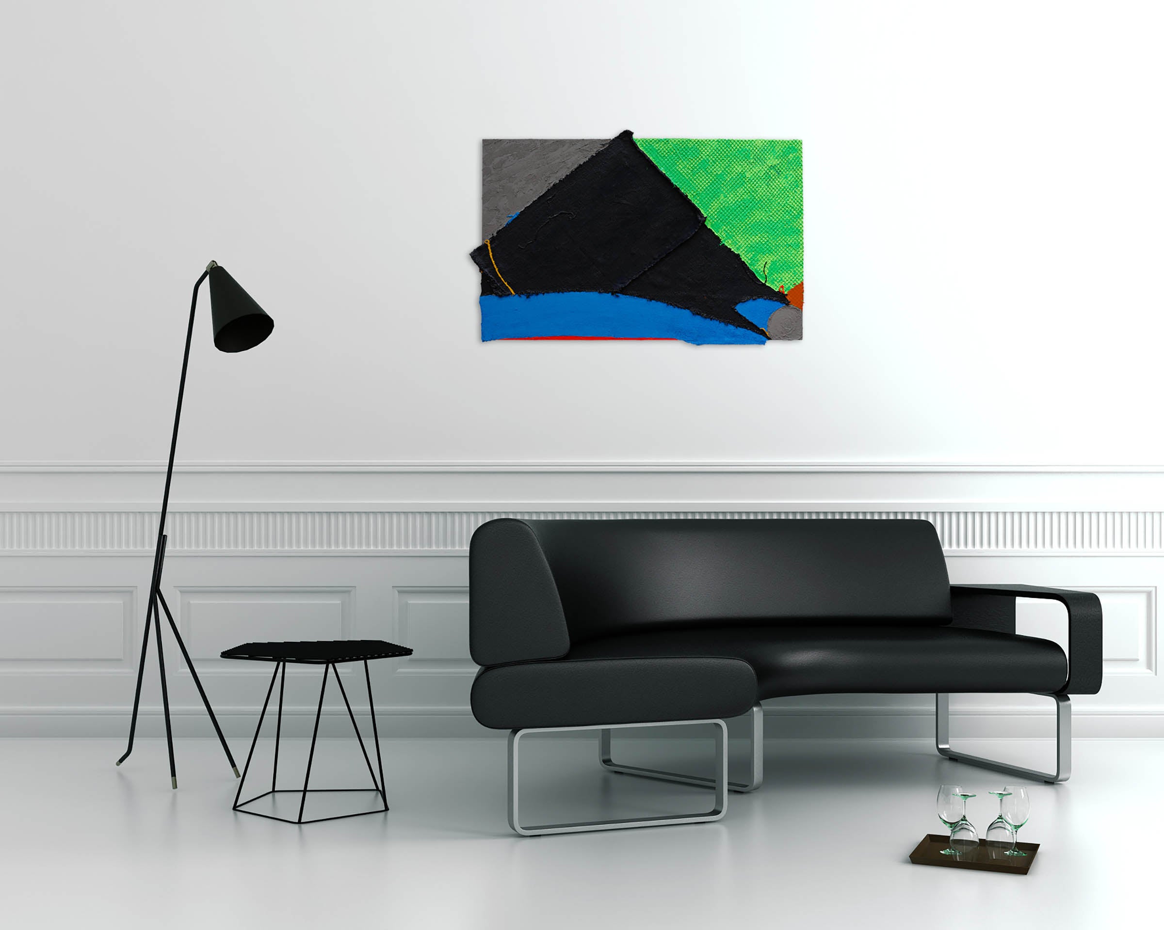 A piece of art that is on a white surface.