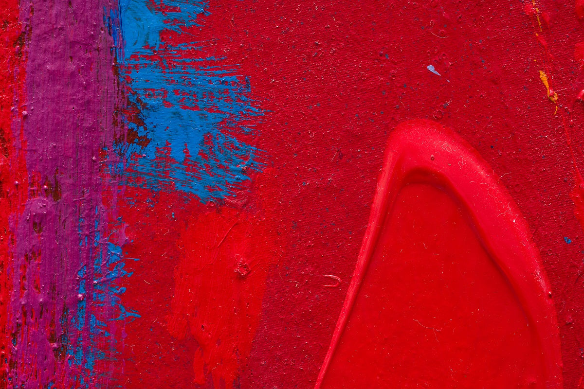 A painting of a red, yellow, blue, and orange abstract painting.