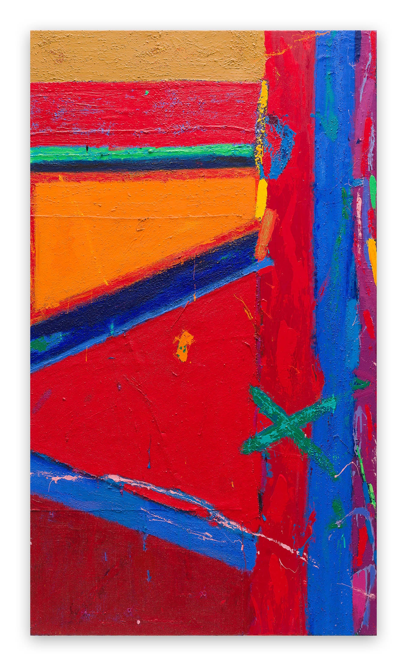 A painting of a red, yellow, blue, and orange abstract painting.