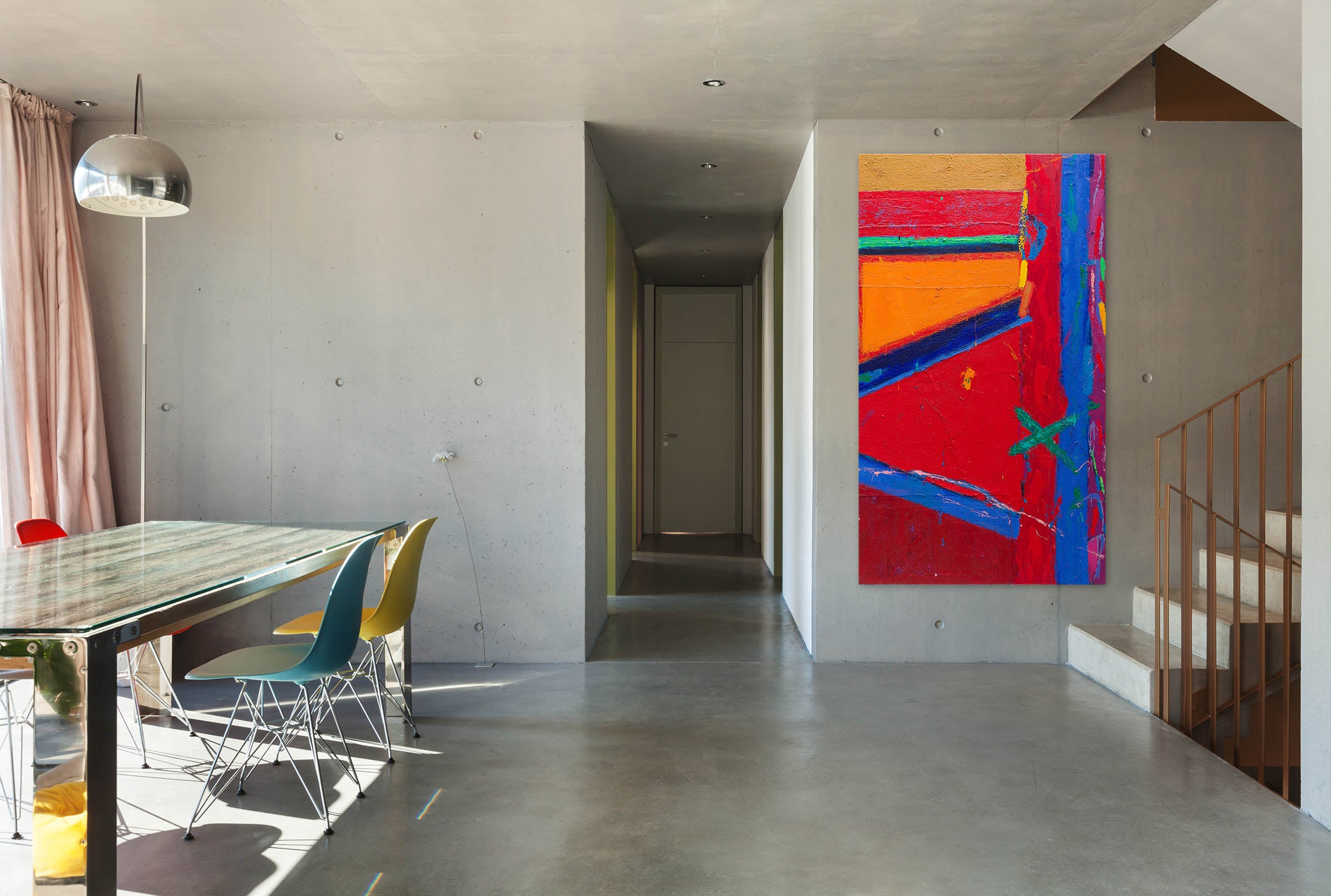 A painting of a red, yellow, blue, and orange abstract painting.