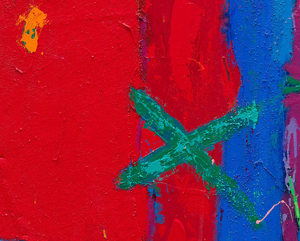 A painting of a red, yellow, blue, and orange abstract painting.