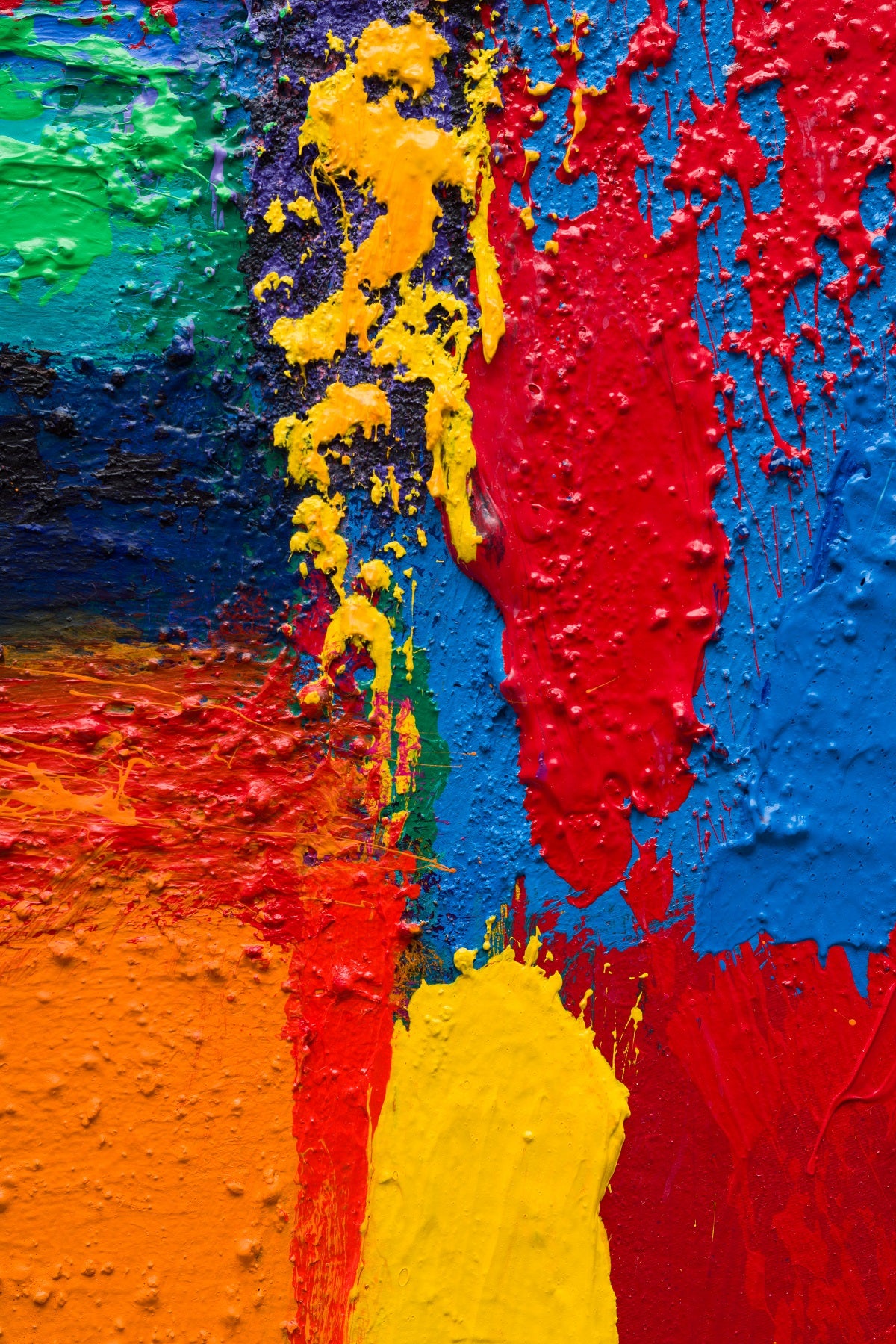 A painting of a red, yellow, blue, and orange abstract painting.