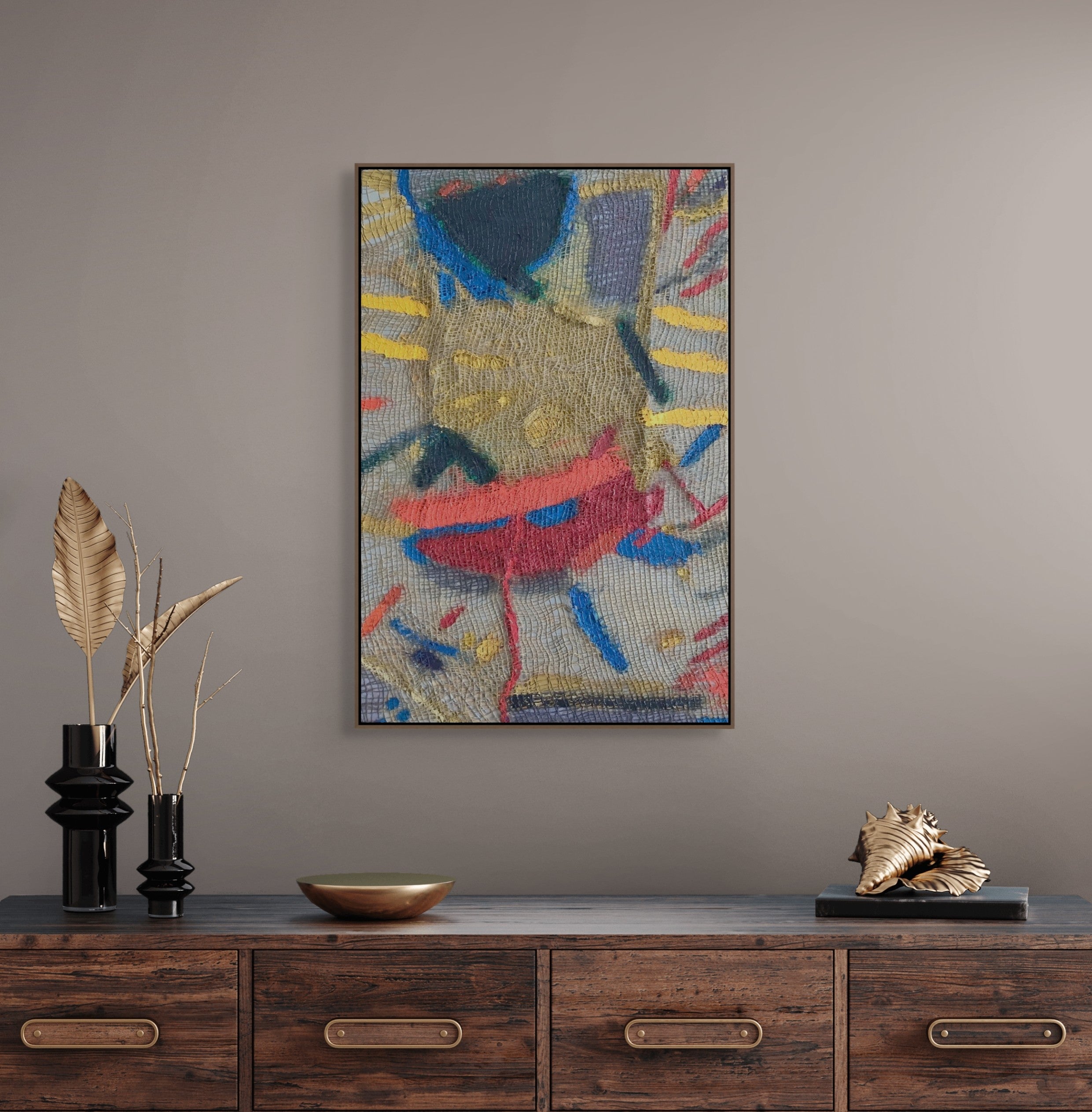 A close up of a piece of art on a white background.