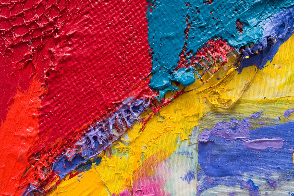 A colorful abstract painting on a white background. 