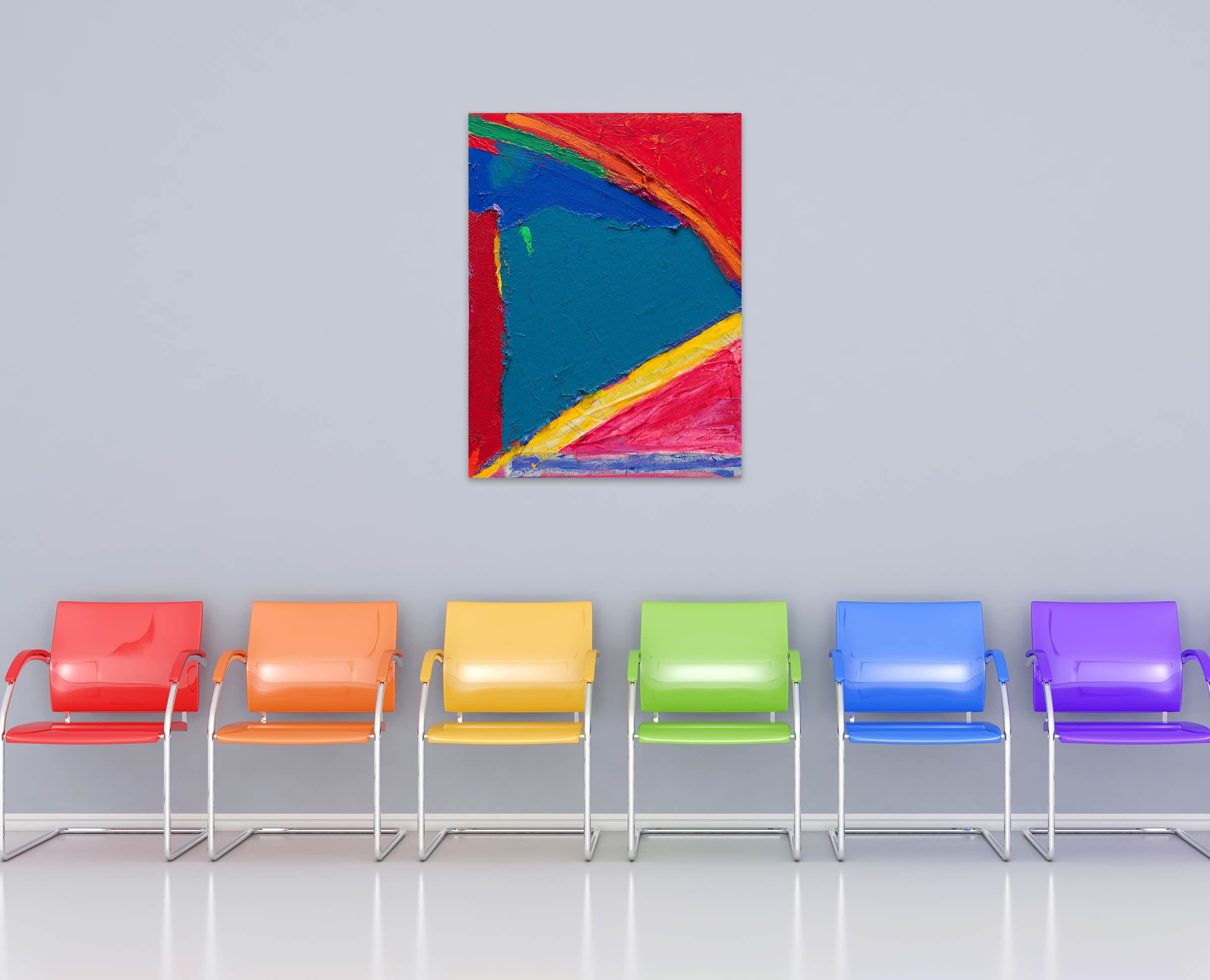 A colorful abstract painting on a white background. 