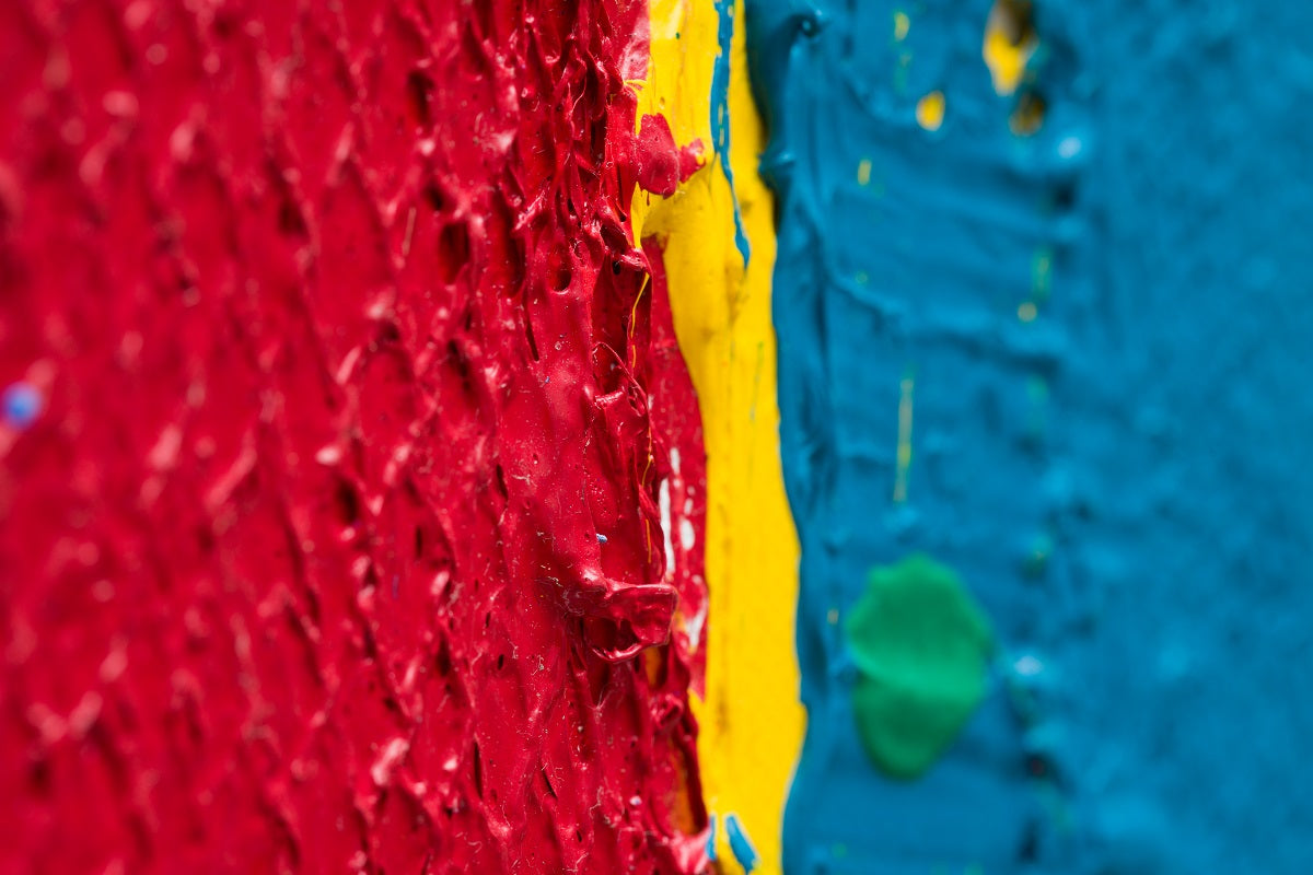 A colorful abstract painting on a white background. 