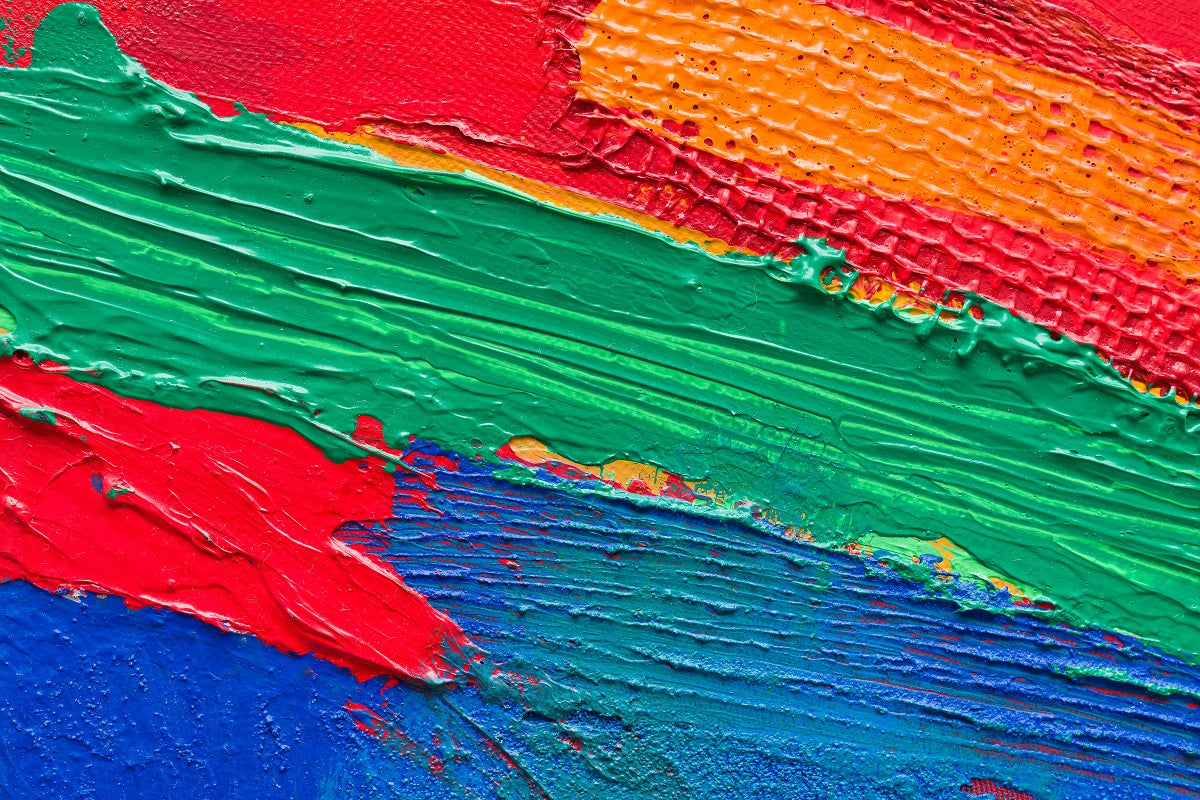 A colorful abstract painting on a white background. 