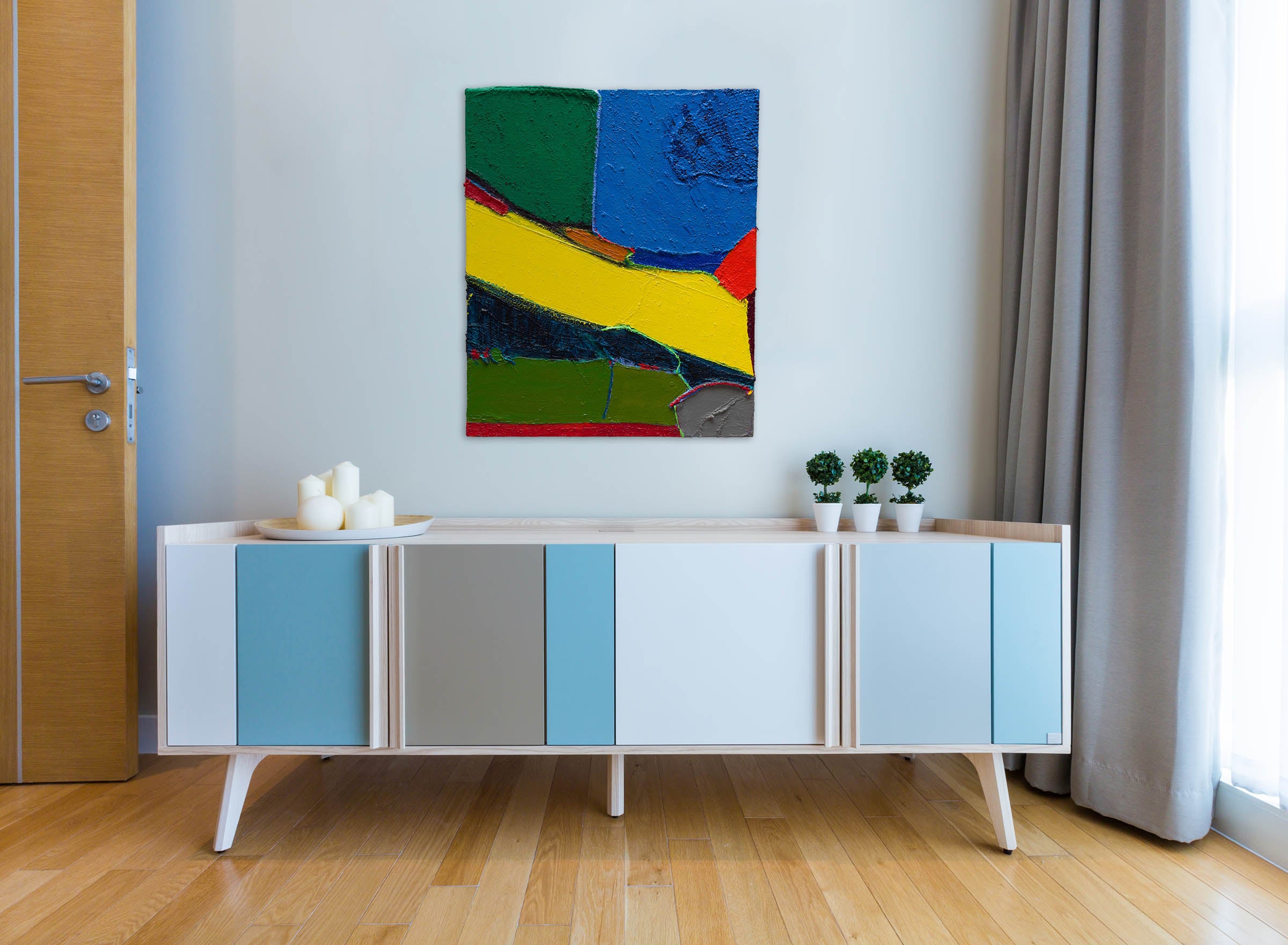 A painting of a colorful abstract painting on a white background.