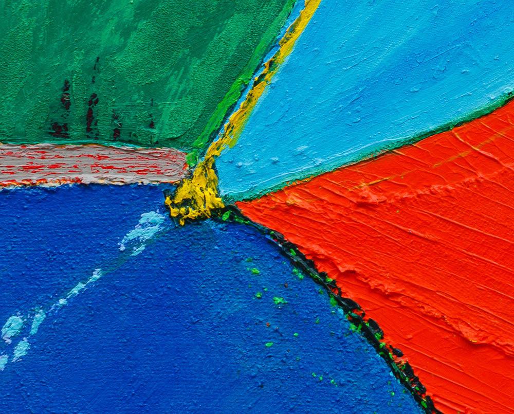 A painting of a red, blue, green, and yellow abstract painting.