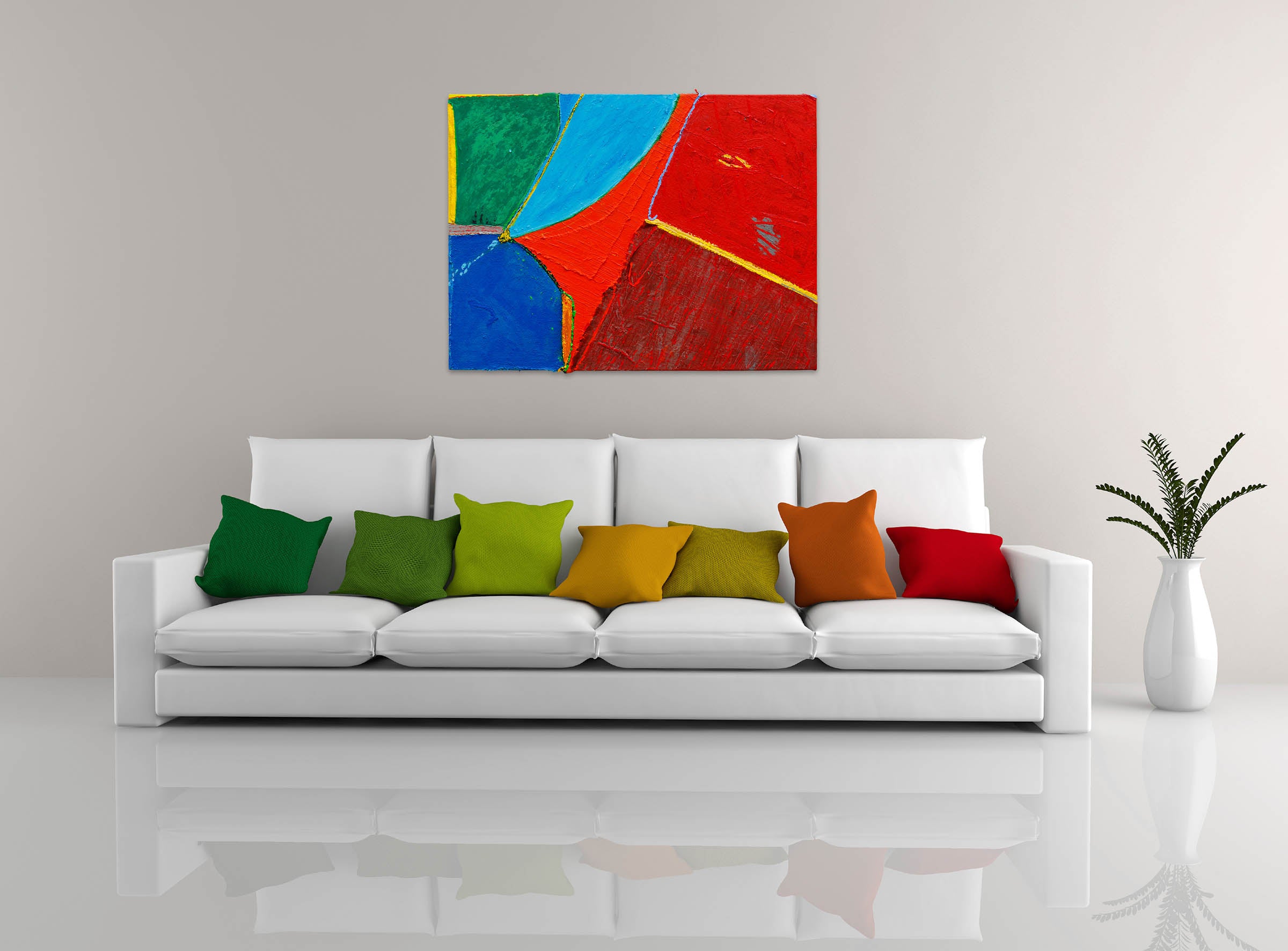 A painting of a red, blue, green, and yellow abstract painting.