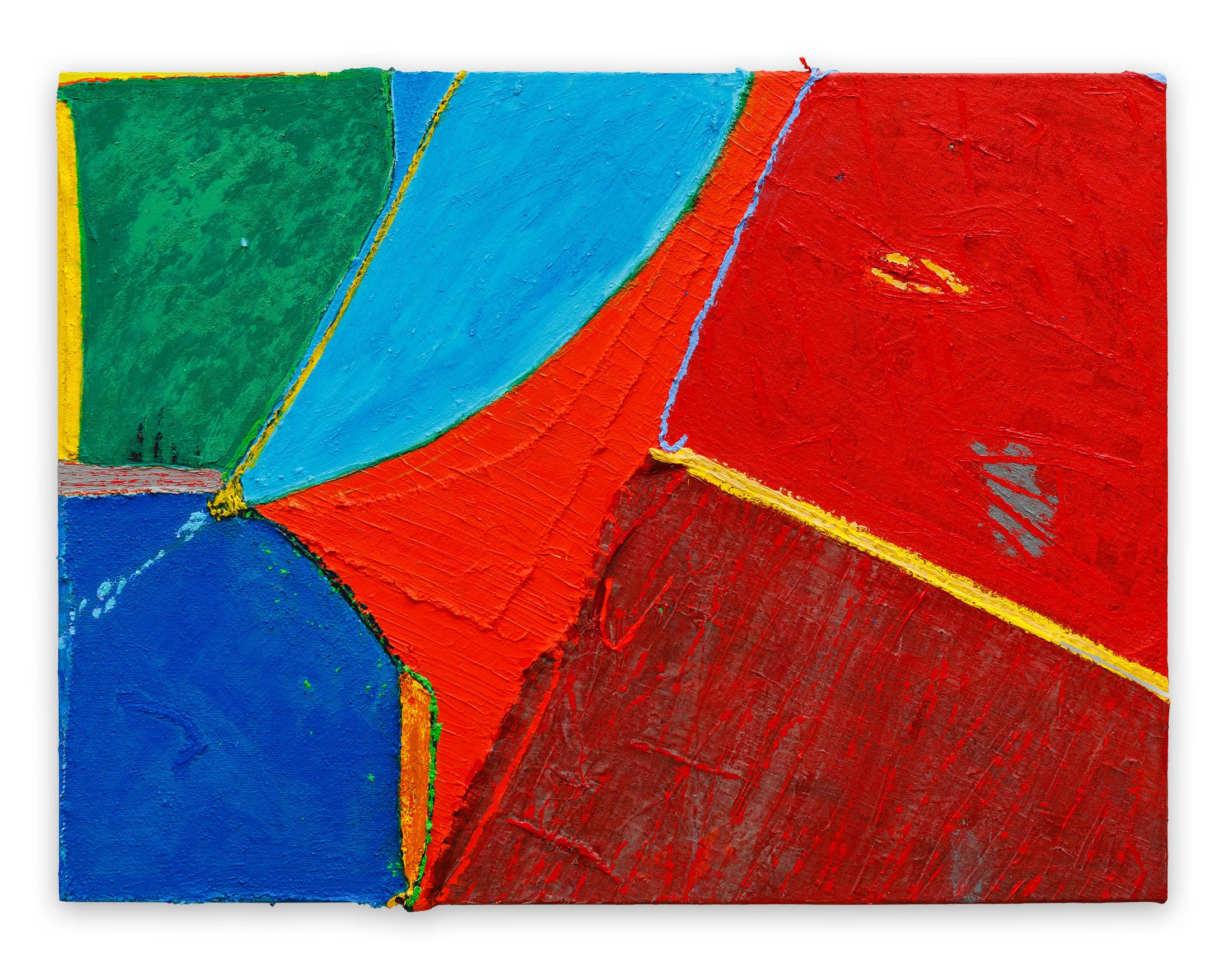 A painting of a red, blue, green, and yellow abstract painting.