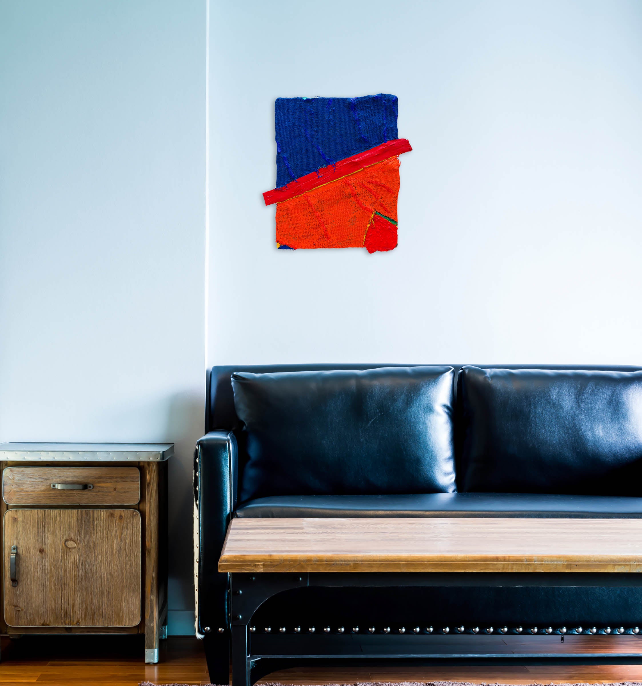 A piece of blue and red fabric on a white background.