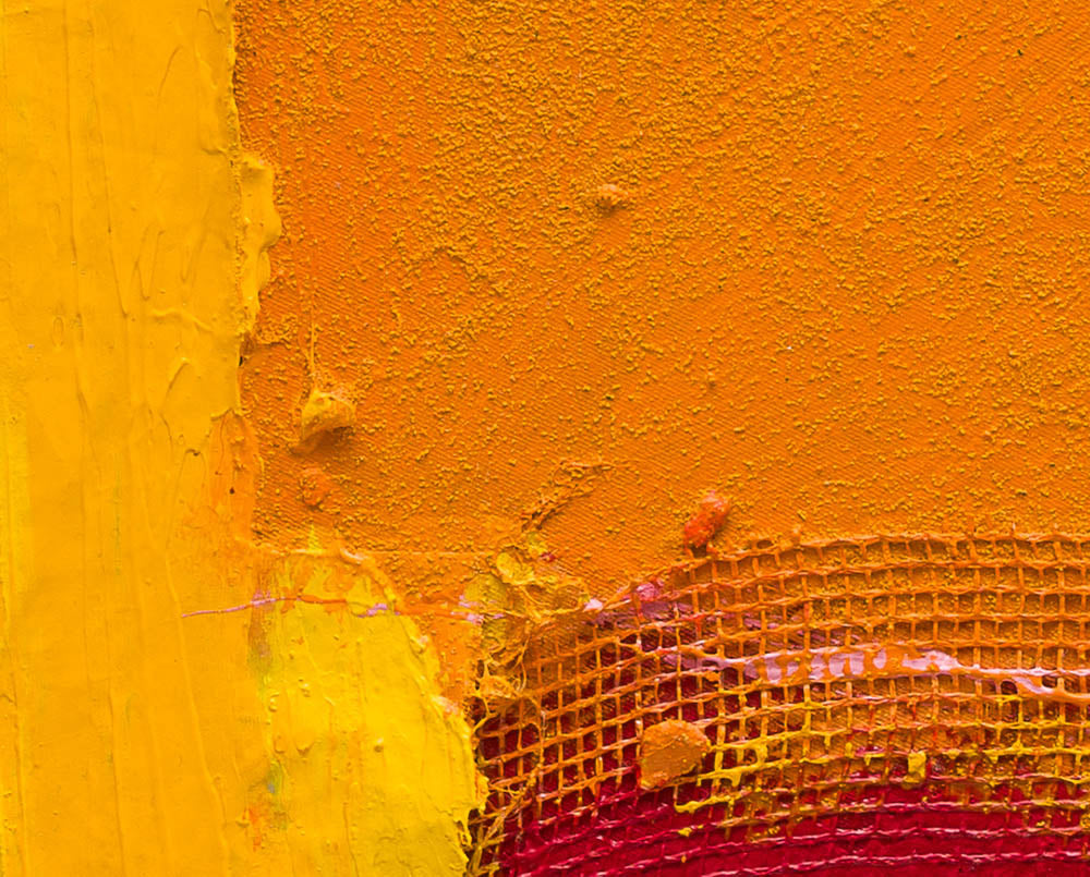 A painting of a red, yellow and orange abstract painting.