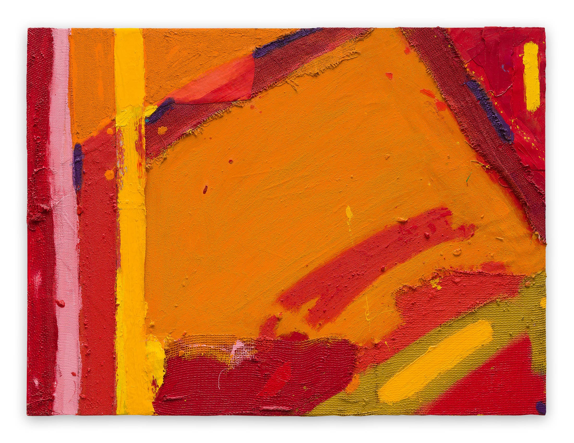A painting of a red, yellow and orange abstract painting.