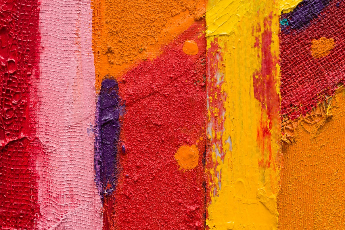 A painting of a red, yellow and orange abstract painting.
