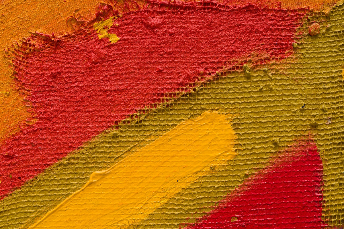 A painting of a red, yellow and orange abstract painting.