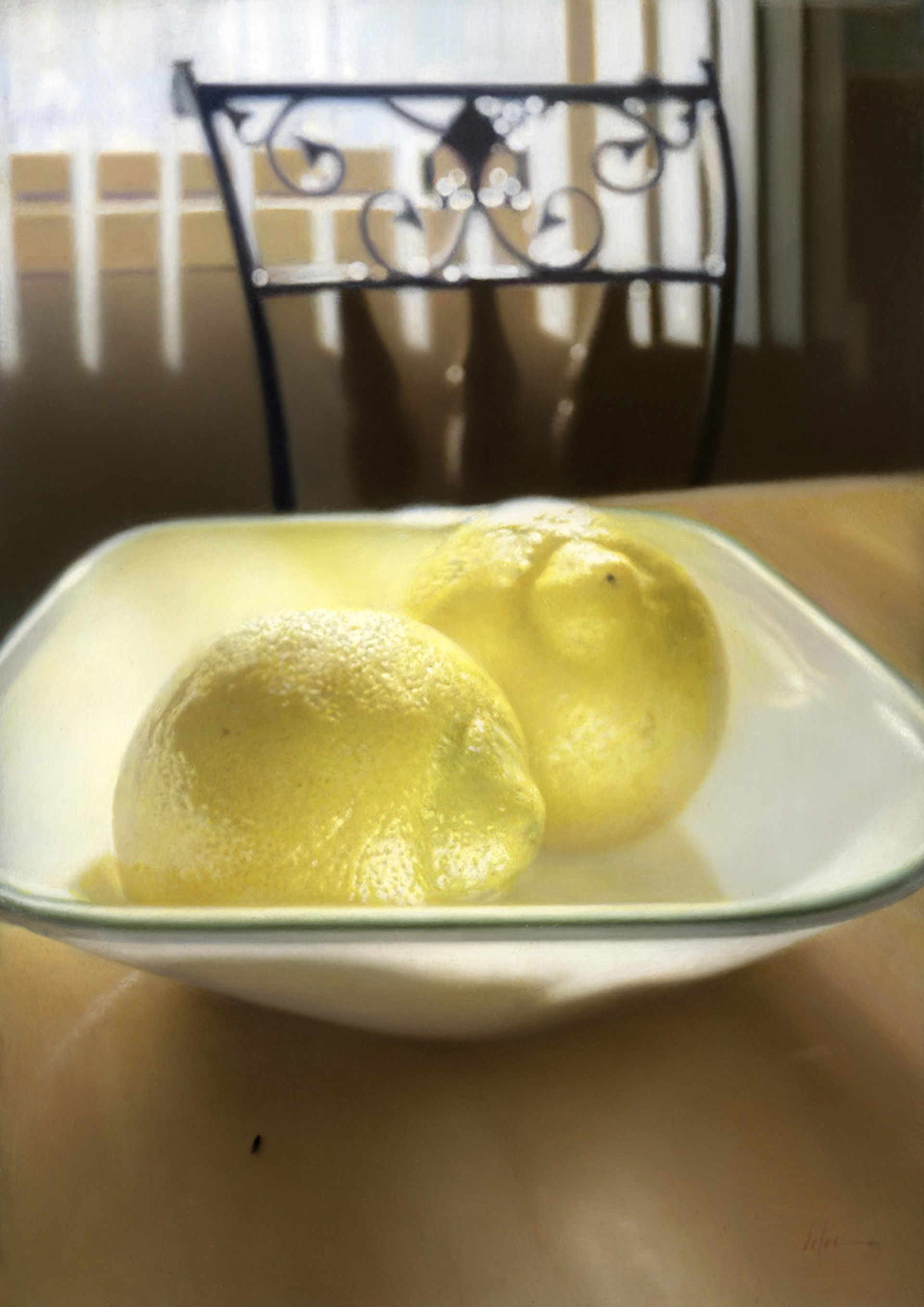 A painting of two lemons in a bowl on a table.