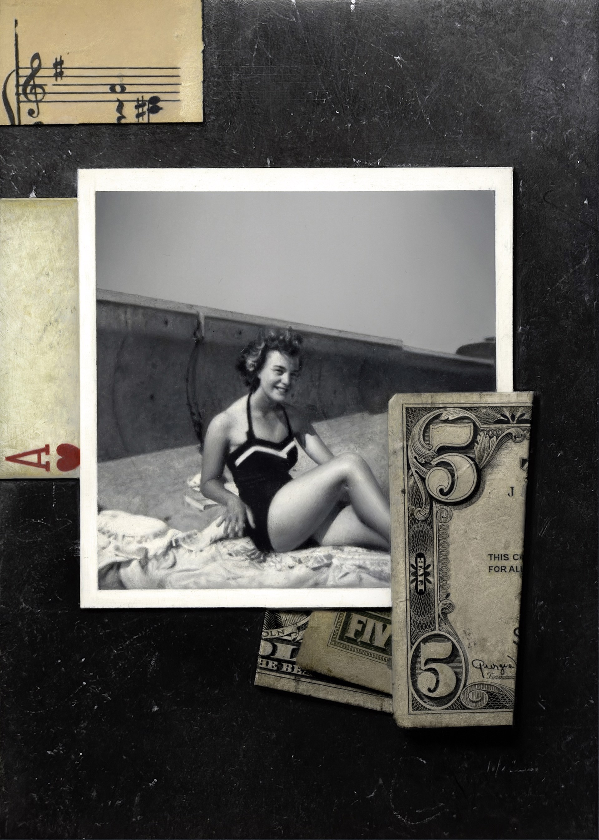 A black-and-white photograph of a figure in a swimsuit sitting on a textured surface, surrounded by vintage playing cards and currency notes.