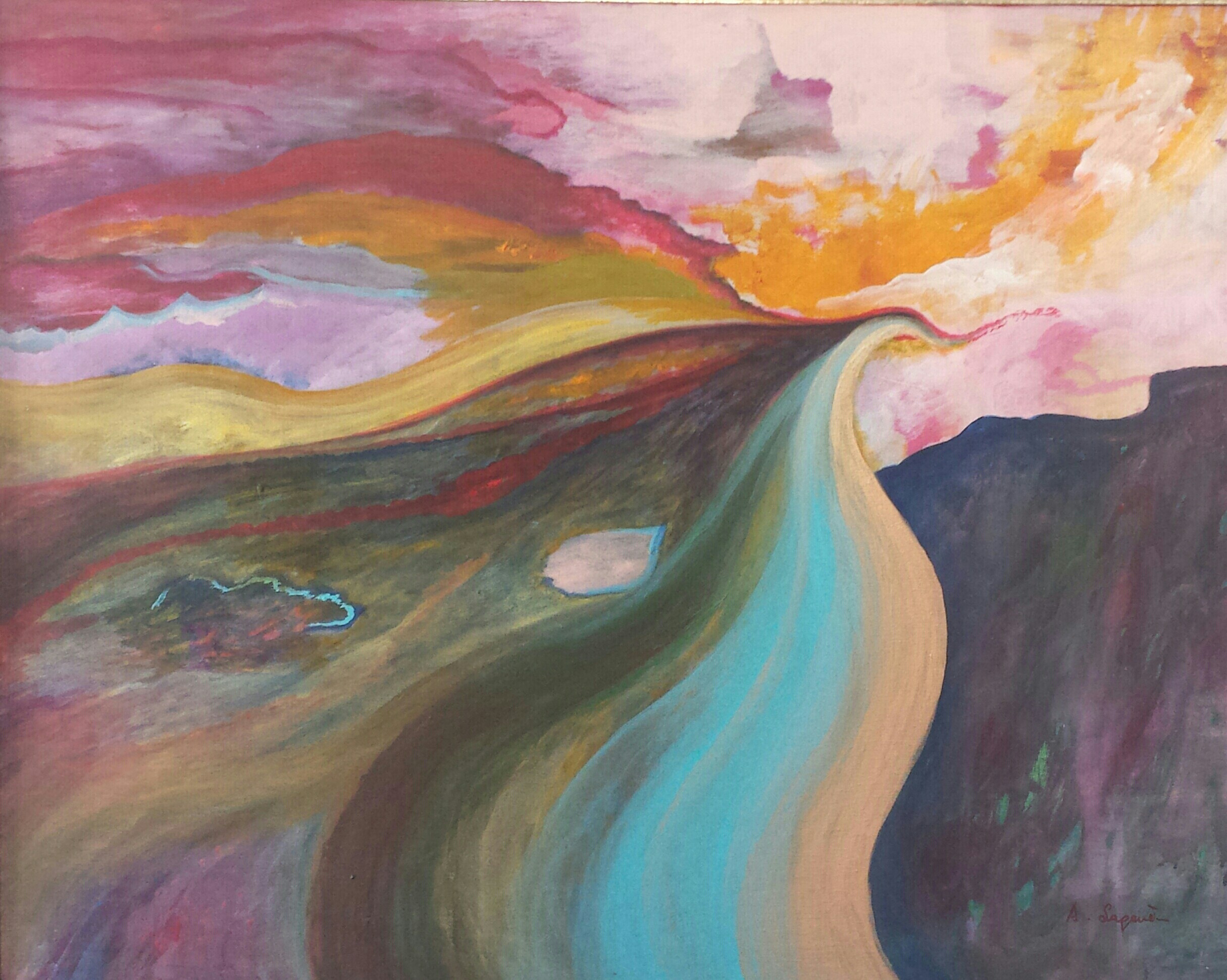 A painting of a winding road in the middle of a field.