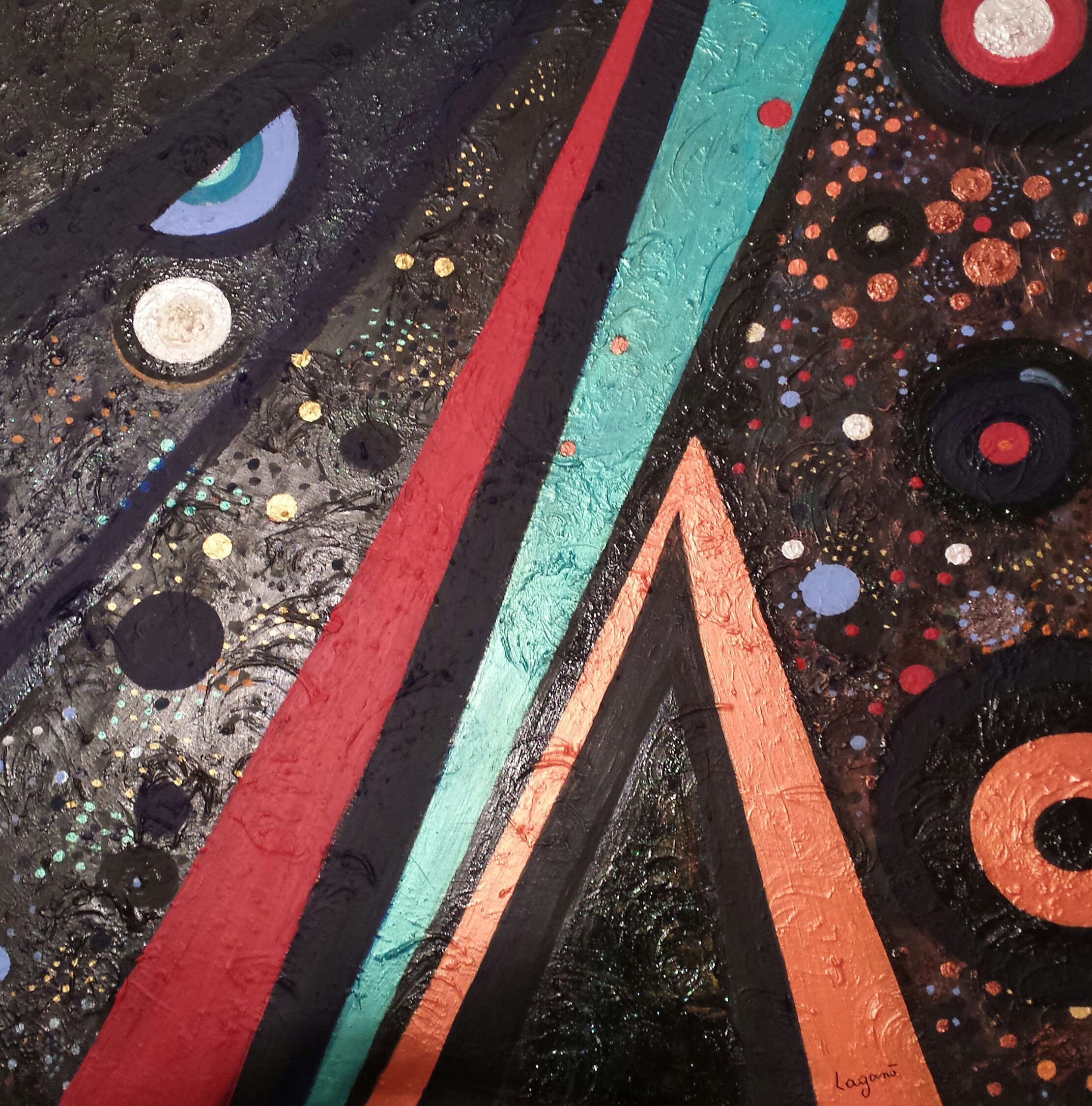 A painting of a black background with a red, blue, and orange design.