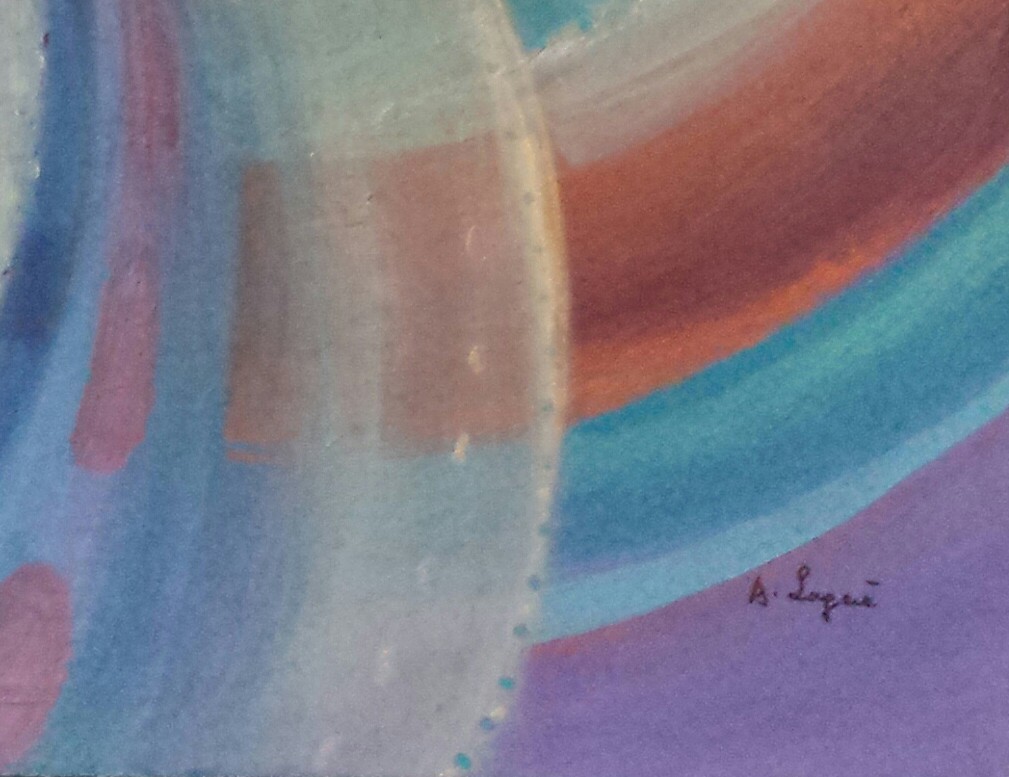 A painting of a colorful abstract painting on a wall.