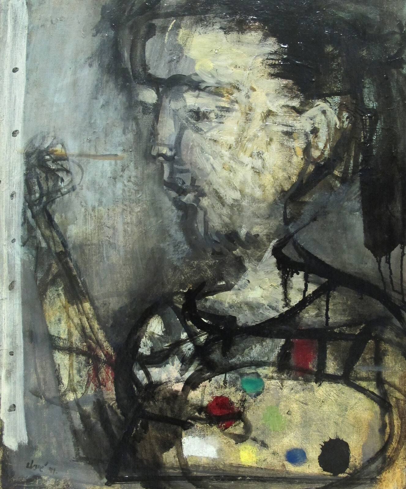 A painting of a man with a paintbrush in his hand.