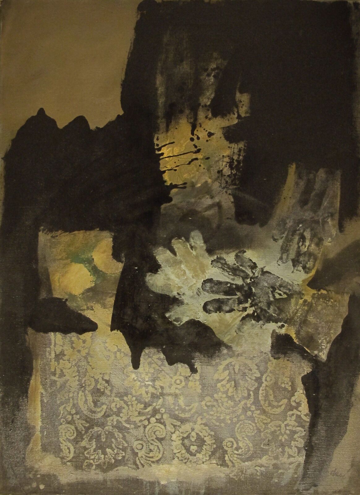 A black and gold painting on a brown background.
