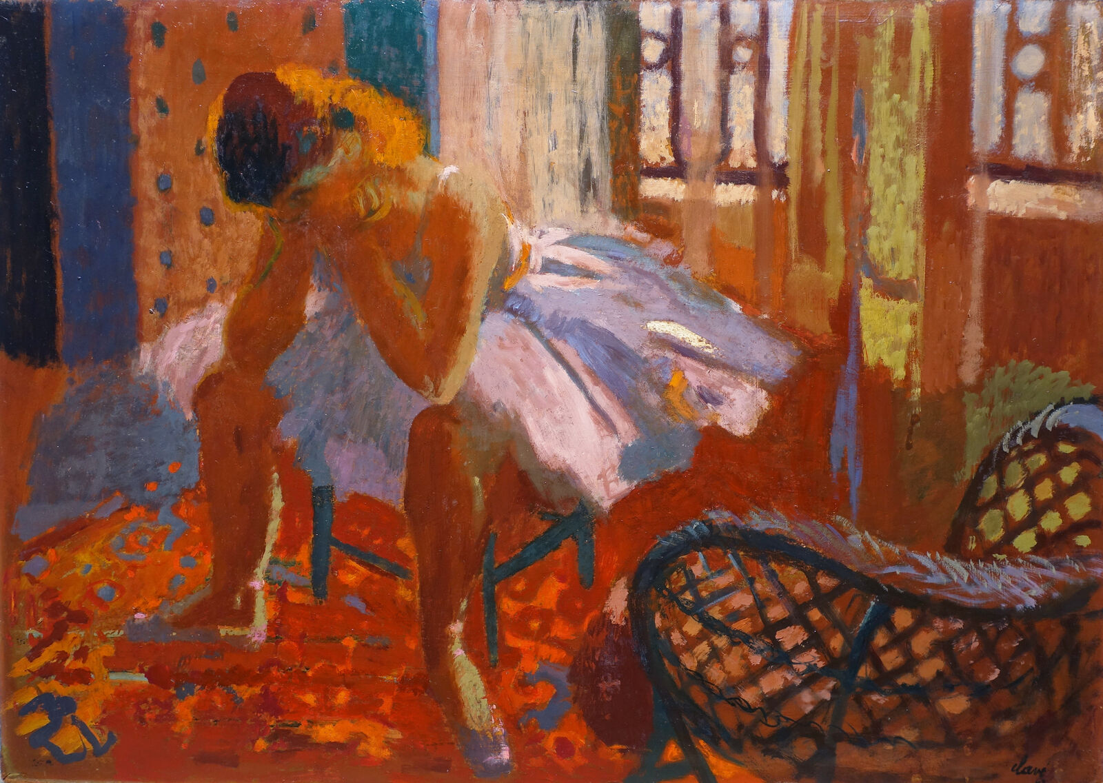 A painting of a woman sitting on a chair in a room.