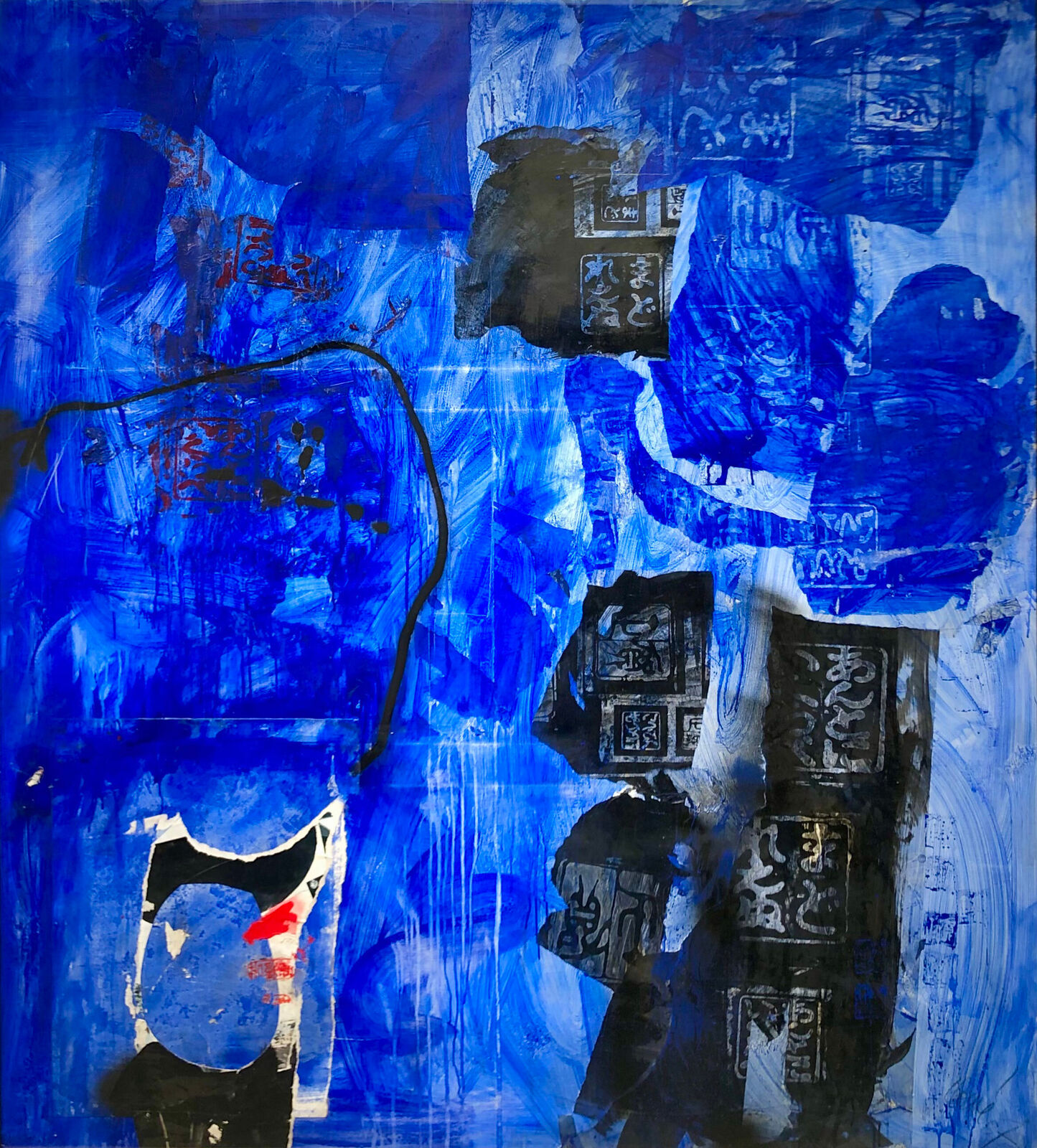 A painting with blue and black paint on a blue background.