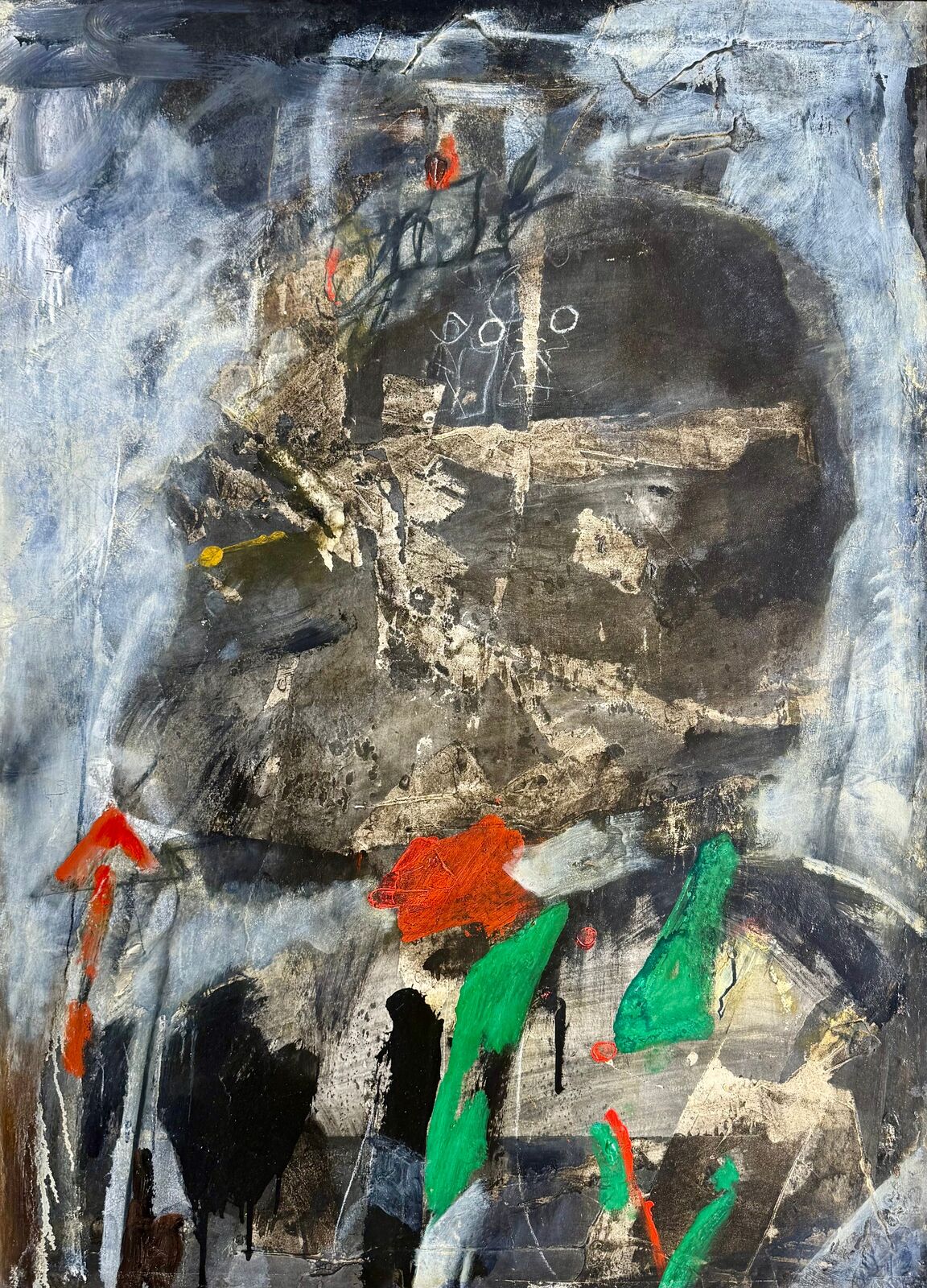 A painting of a black and white painting with red, green, and blue paint.