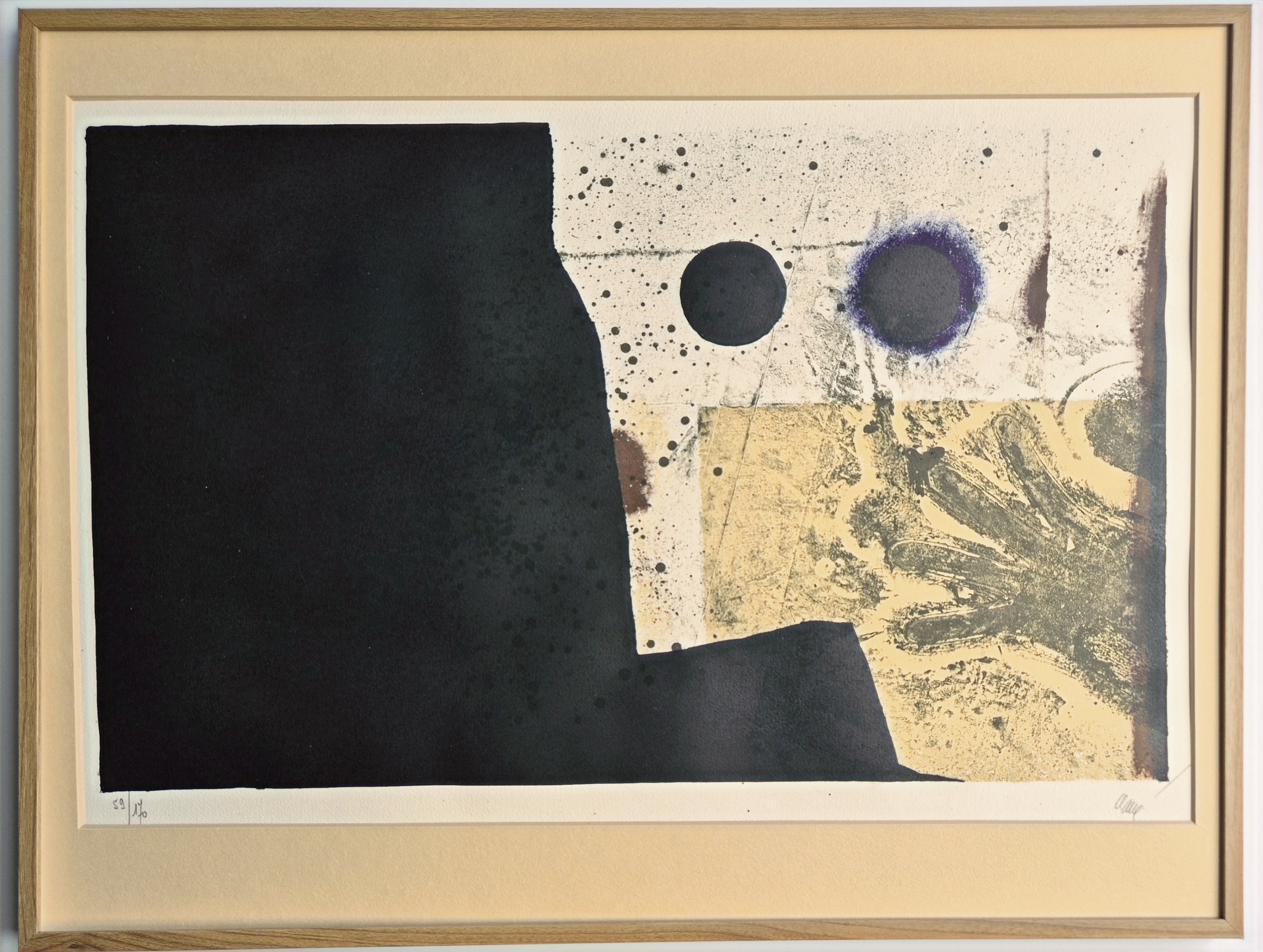 A black and white painting hanging on a wall in a room.