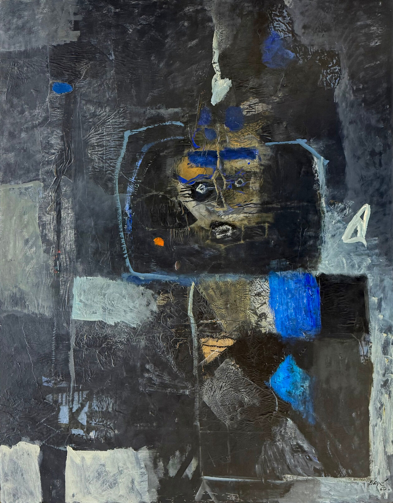 A painting of a black and blue abstract painting on a wall.