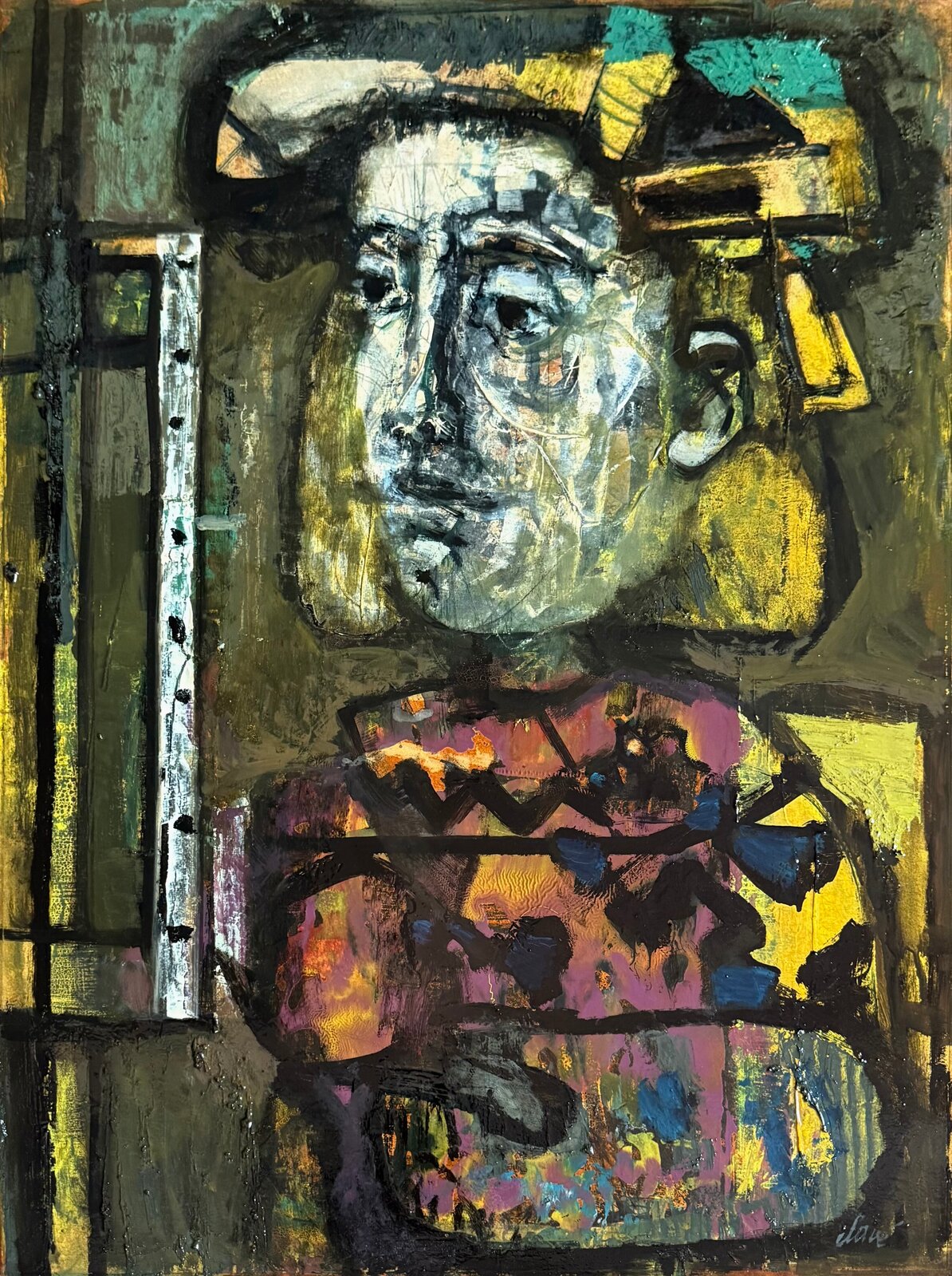 A fragmented portrait of a figure in a hat, rendered in thick, textured paint with a palette of muted greens, yellows, and pinks.