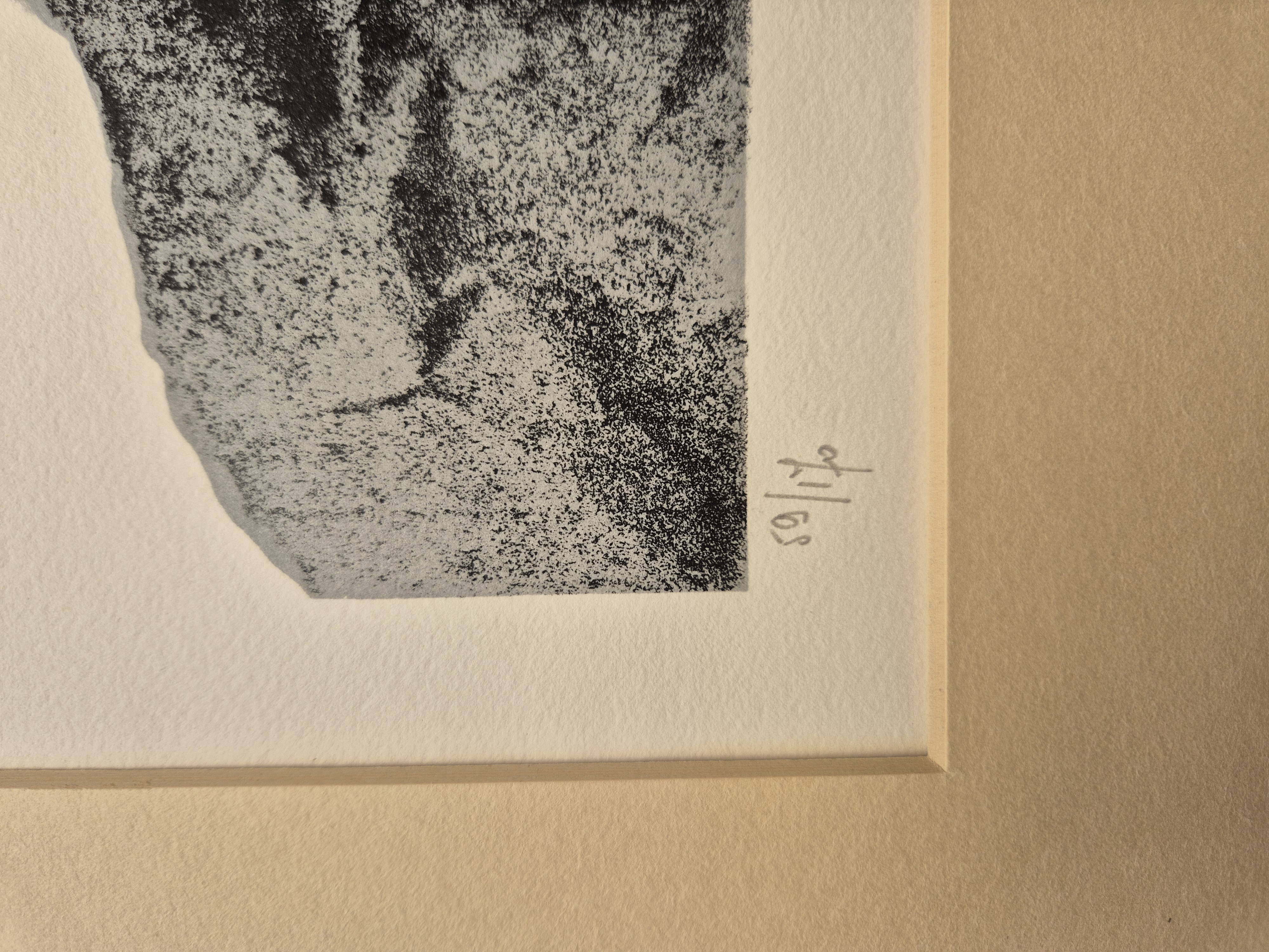 A black and white drawing of a rock in a frame.