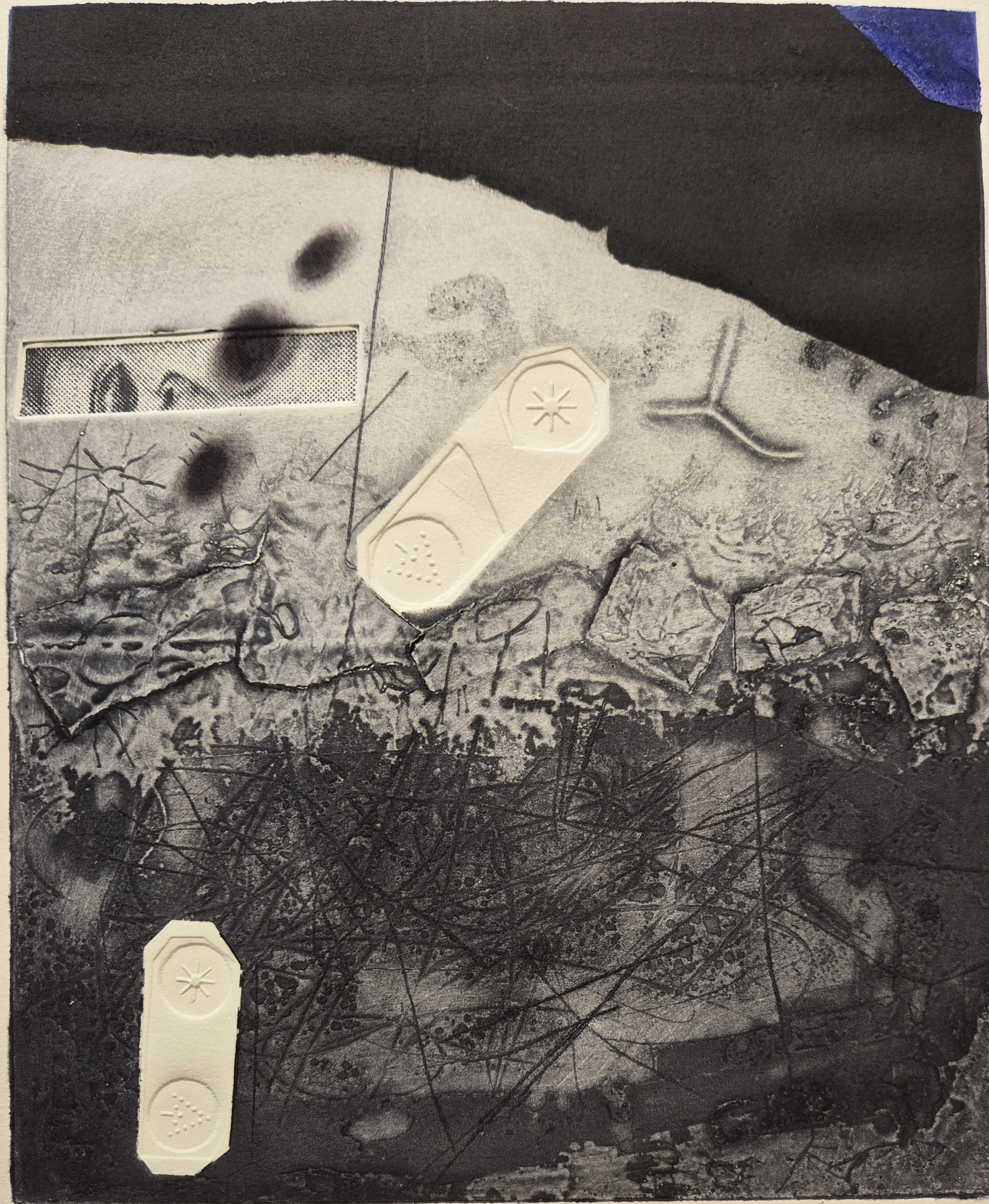 A black and white drawing of a piece of art hanging on a wall.