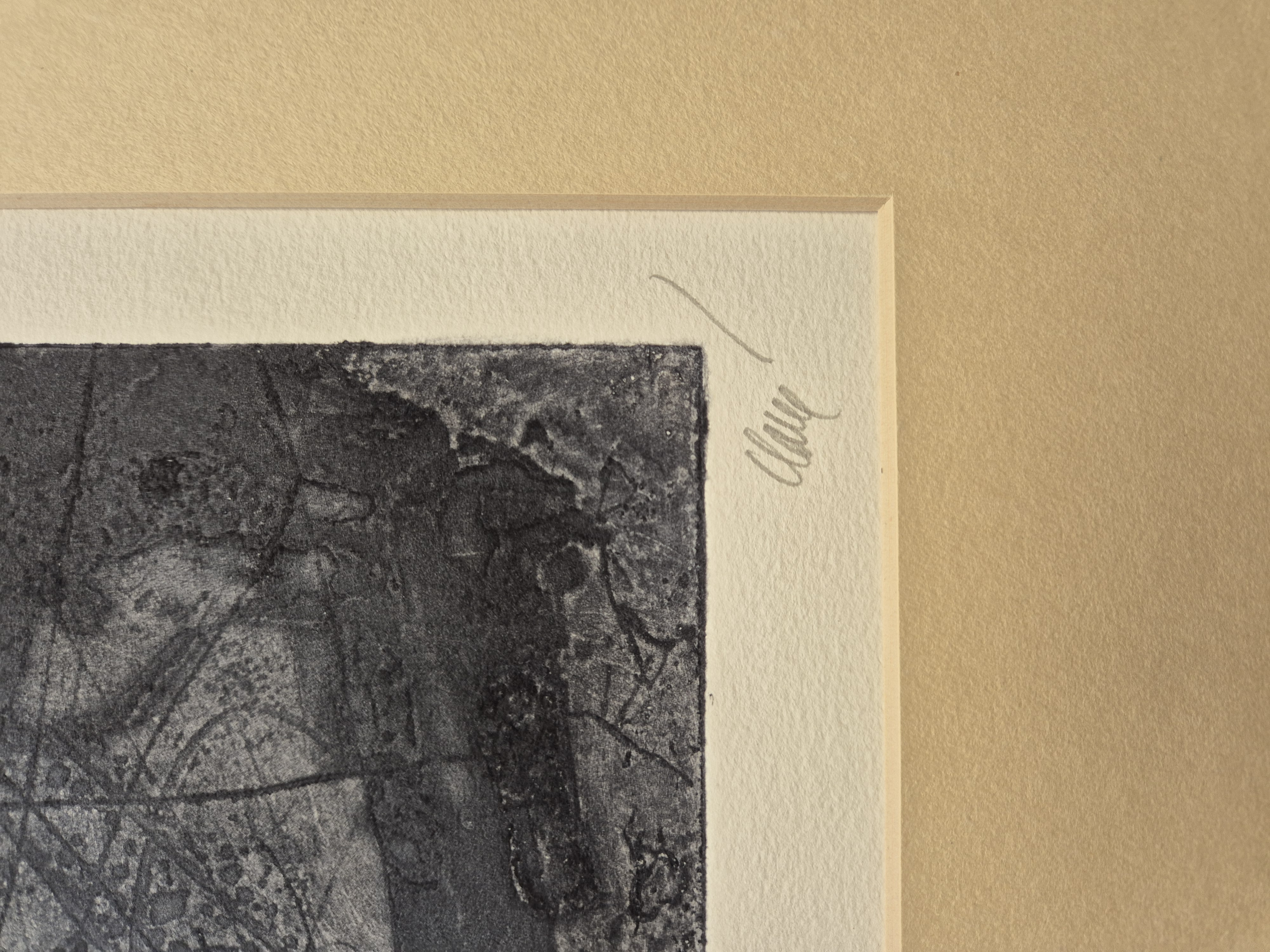 A black and white drawing of a piece of art hanging on a wall.