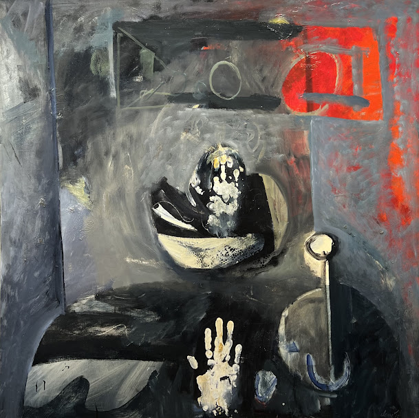 A monochromatic painting with a splash of red depicting a surreal, abstract composition.