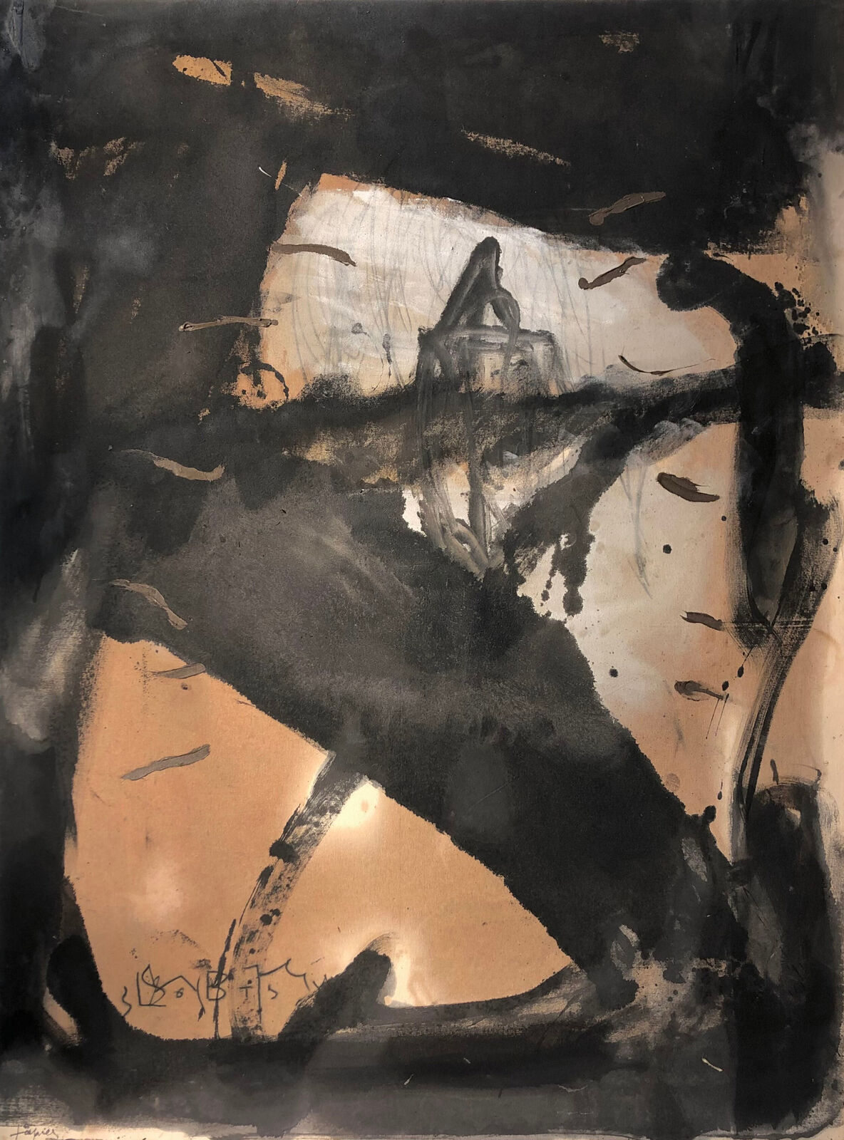 A black and white painting on a piece of paper.