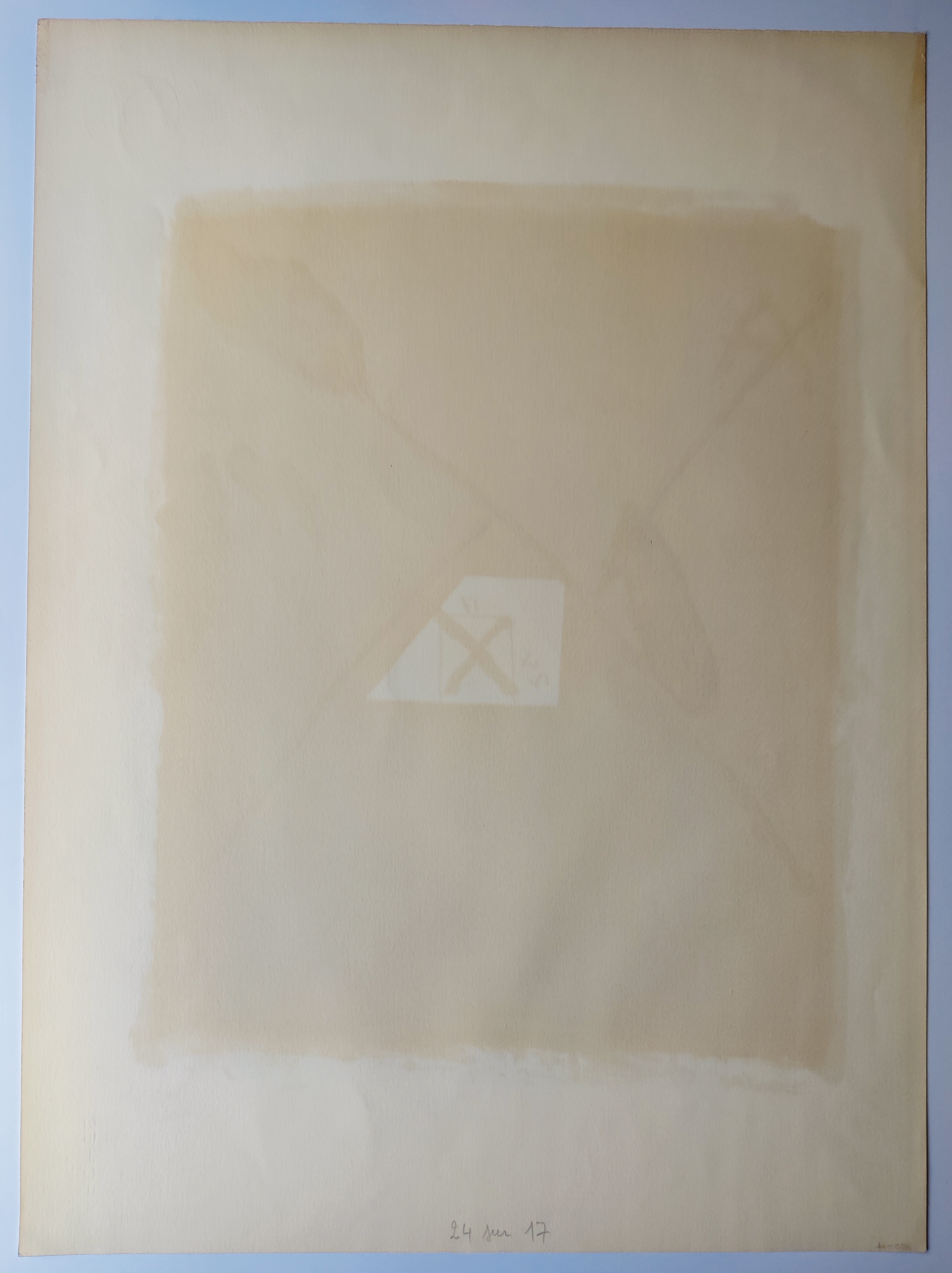 A painting on a blue wall with a red arrow on it.