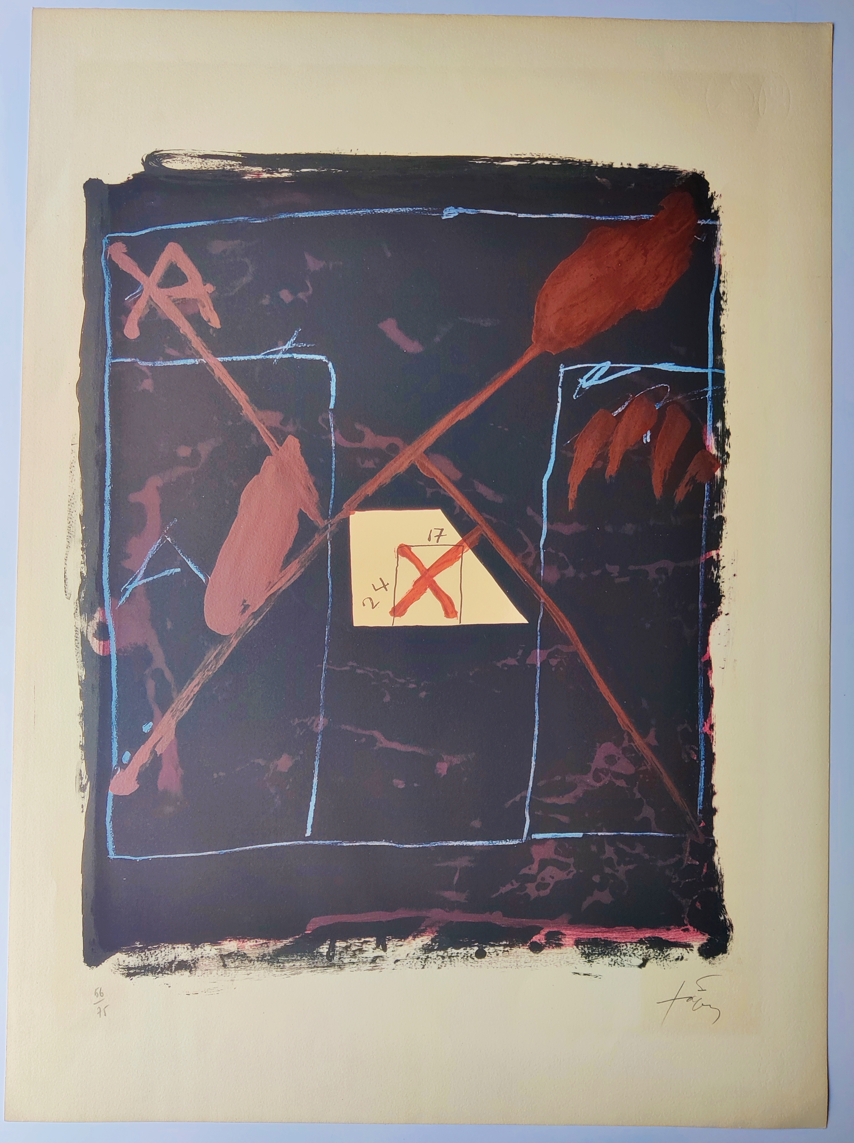 A painting on a blue wall with a red arrow on it.