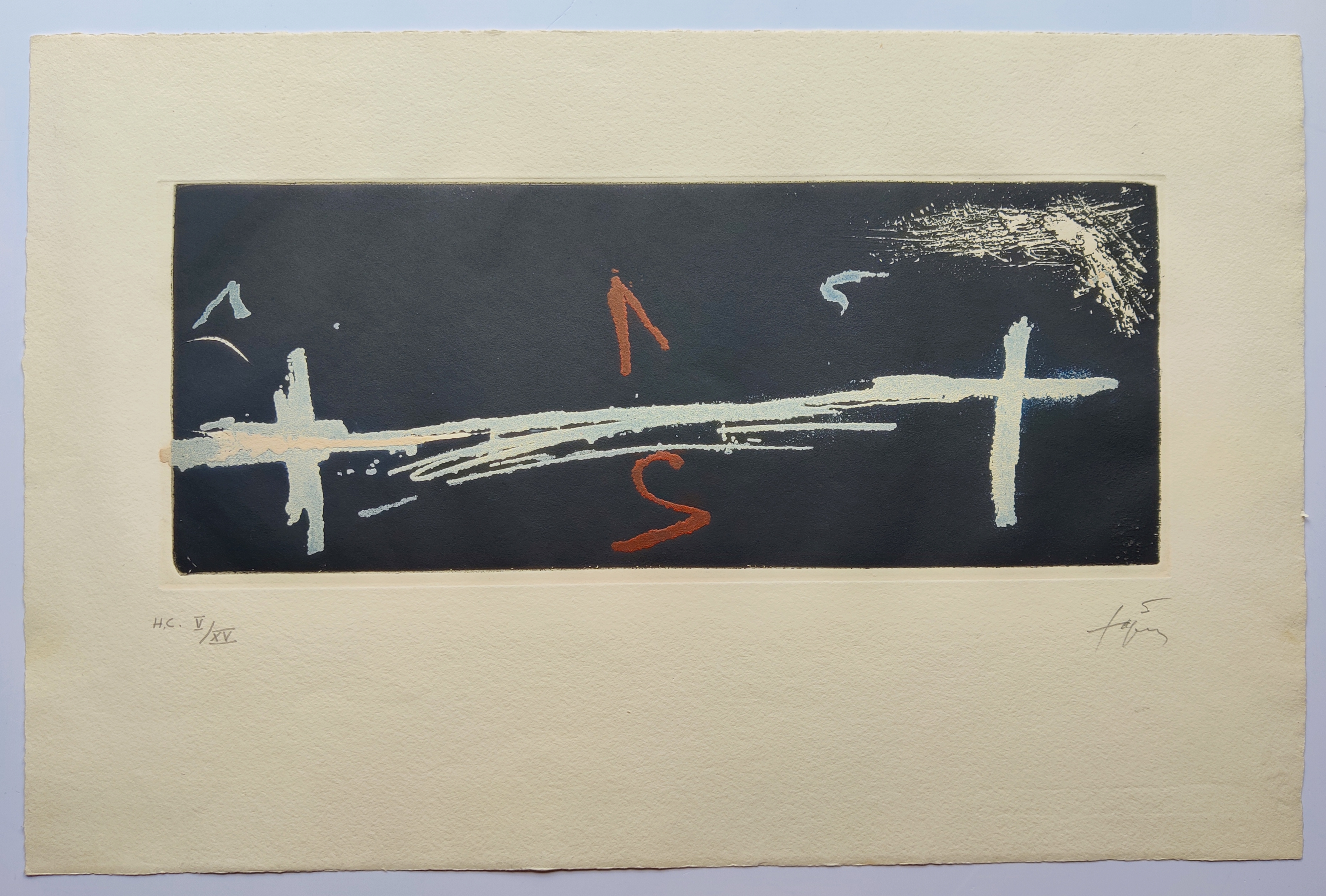 A black and white painting with a cross on it.