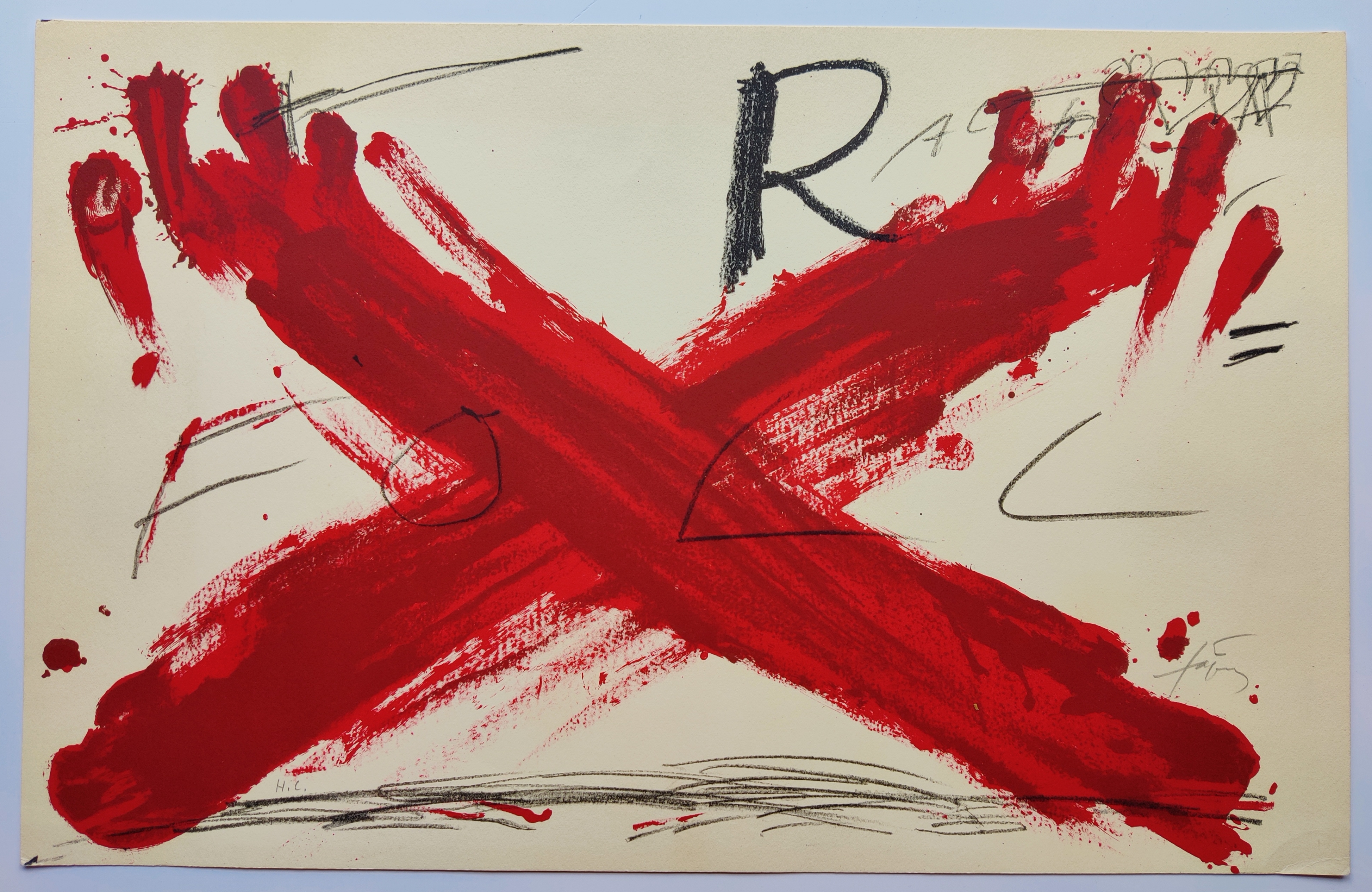 A graphic composition featuring a bold red cross over a plain background with scattered black marks.