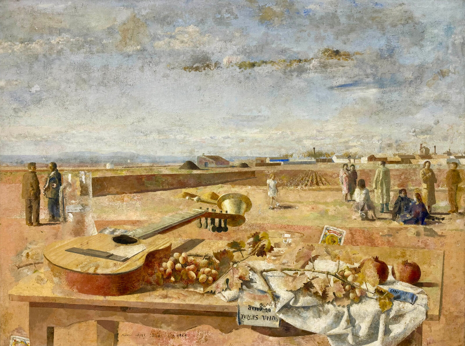 A painting of a table with a guitar on it.