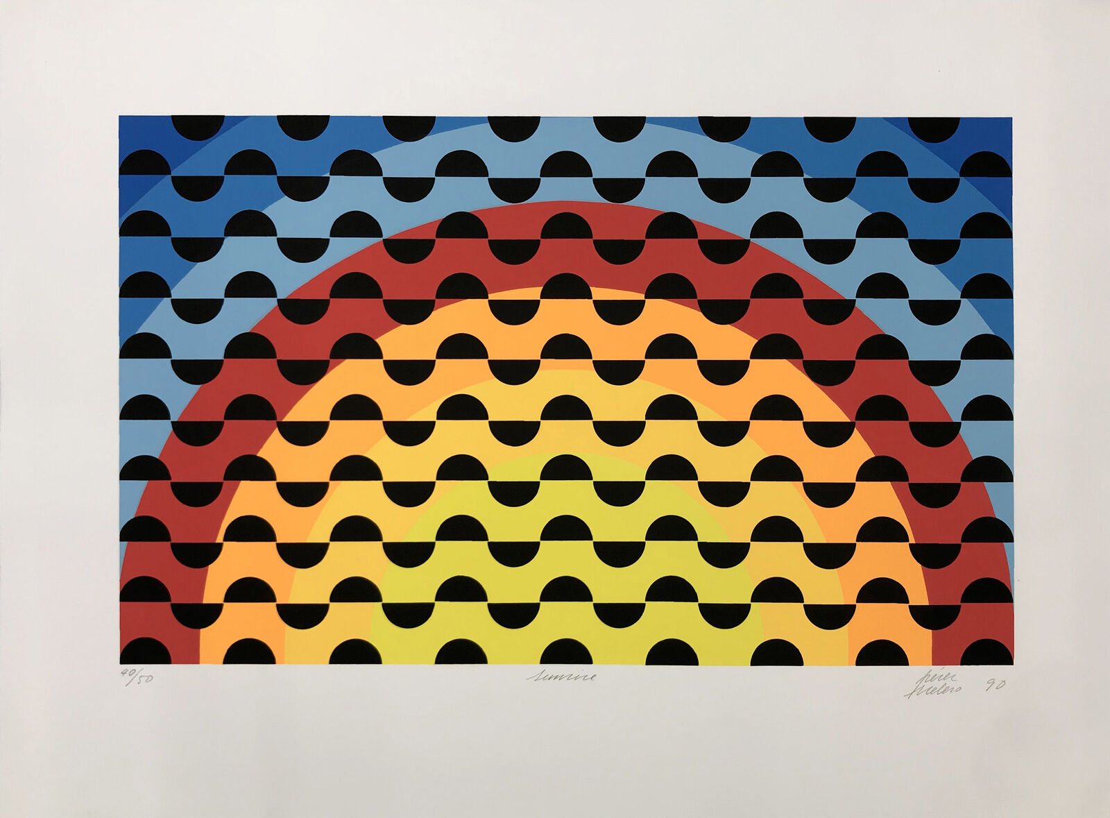 A picture of a colorful abstract painting on a white wall.