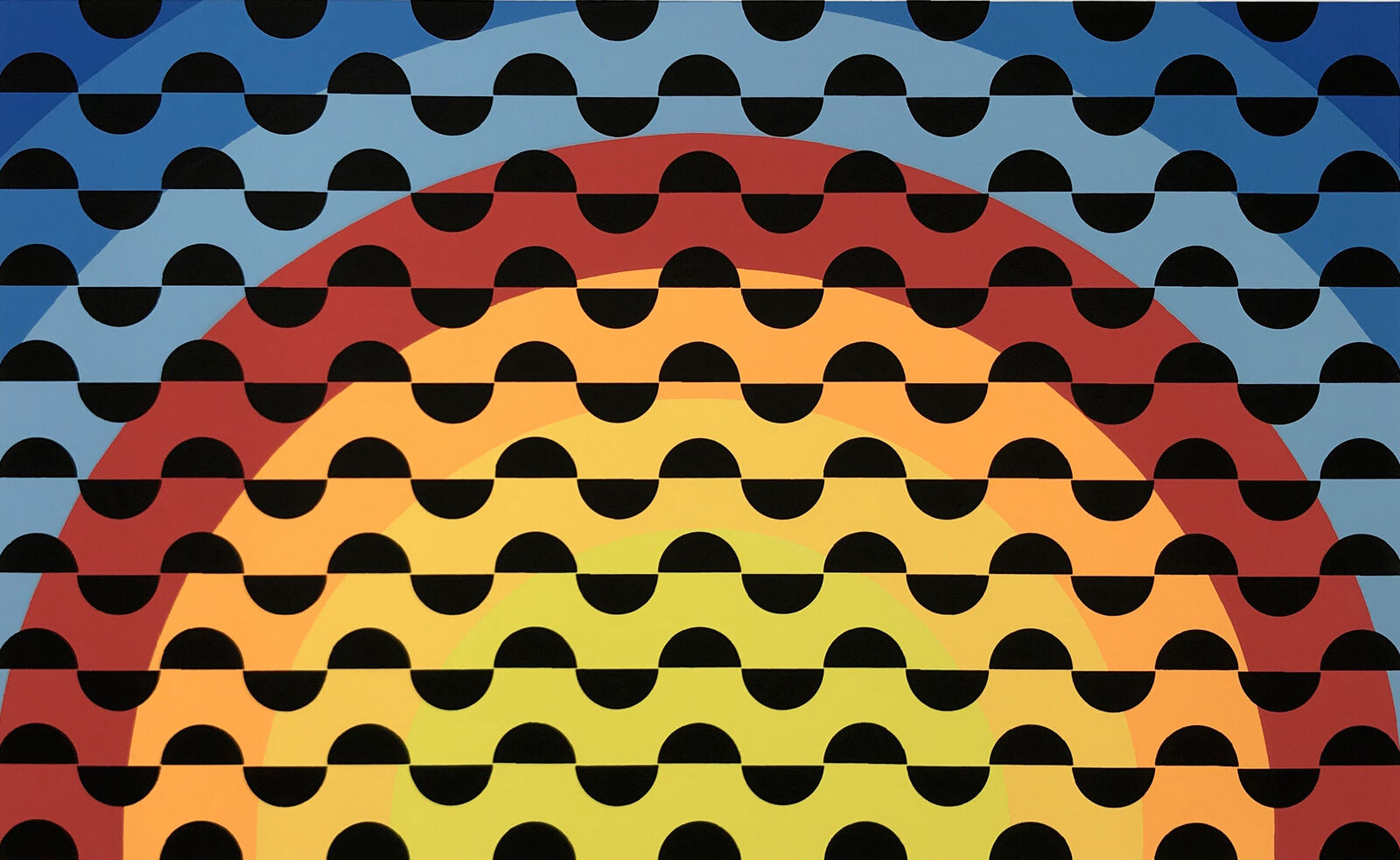 A picture of a colorful abstract painting on a white wall.